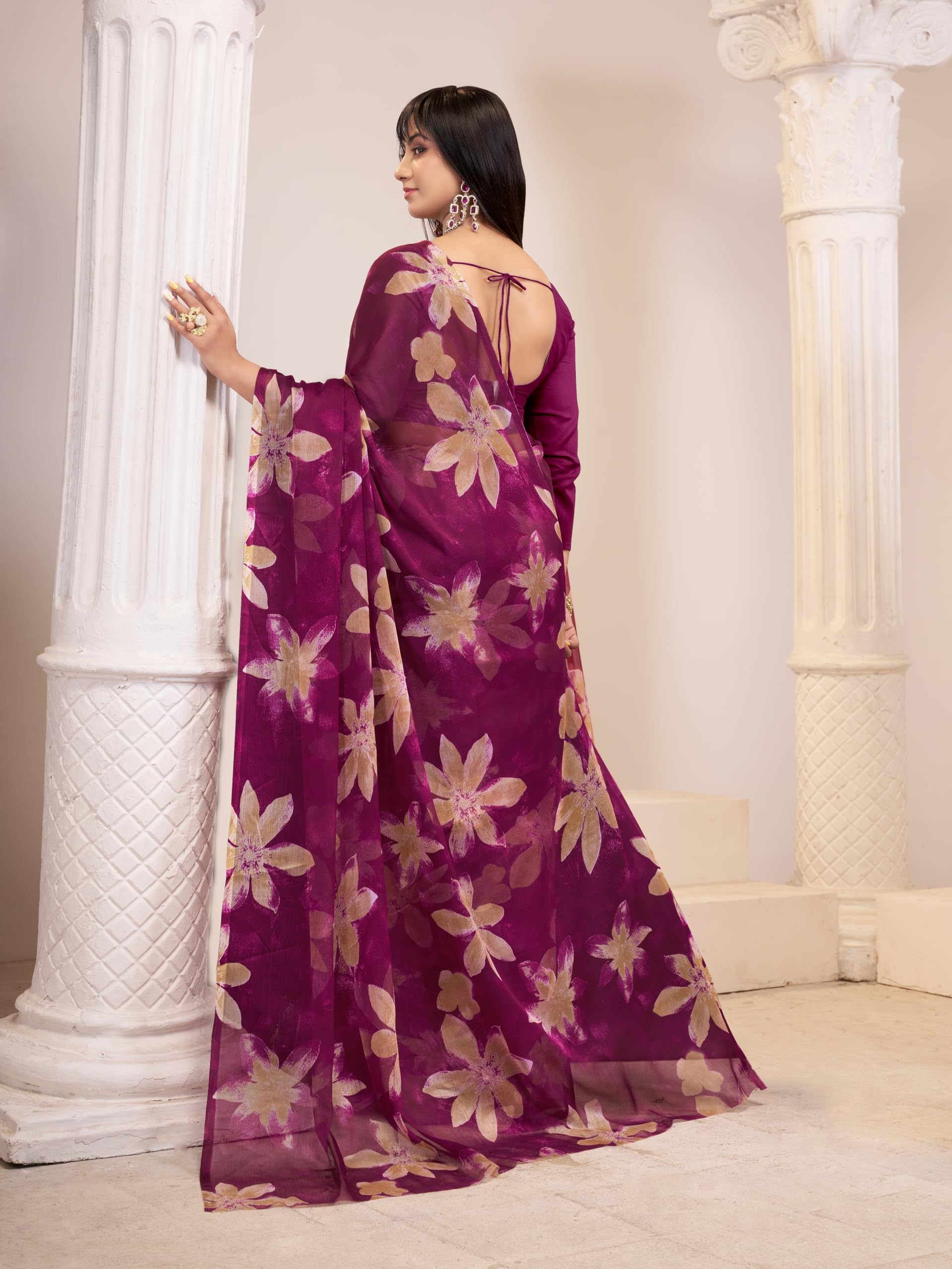 Garden Vareli Women's Floral Chiffon Saree - Wine - Image 3