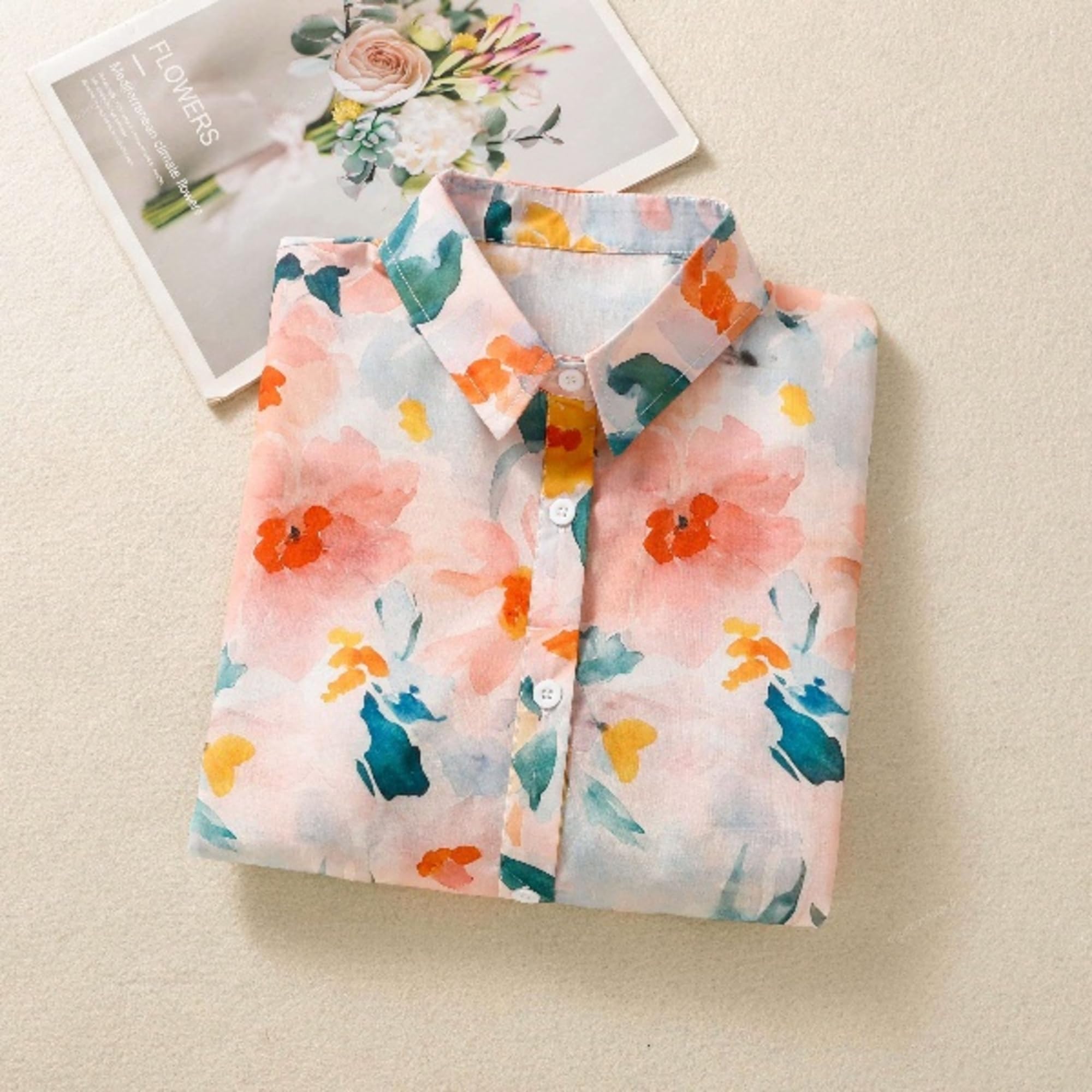 Peach Floral Button-Down Shirt for Women - Image 5