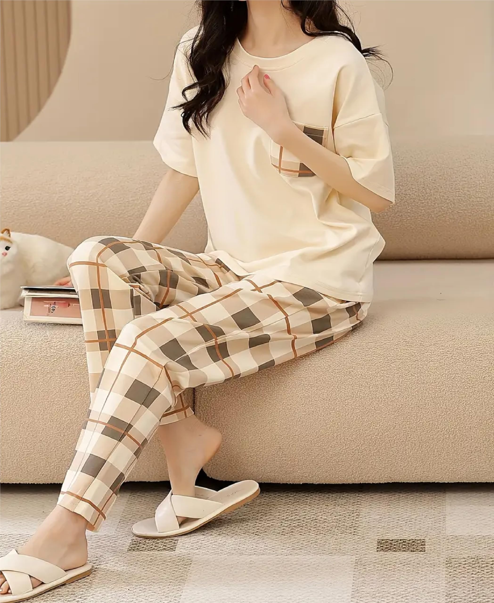 Luxe Beige Geometric Cotton Blend Pajama Set for Women - Image 5