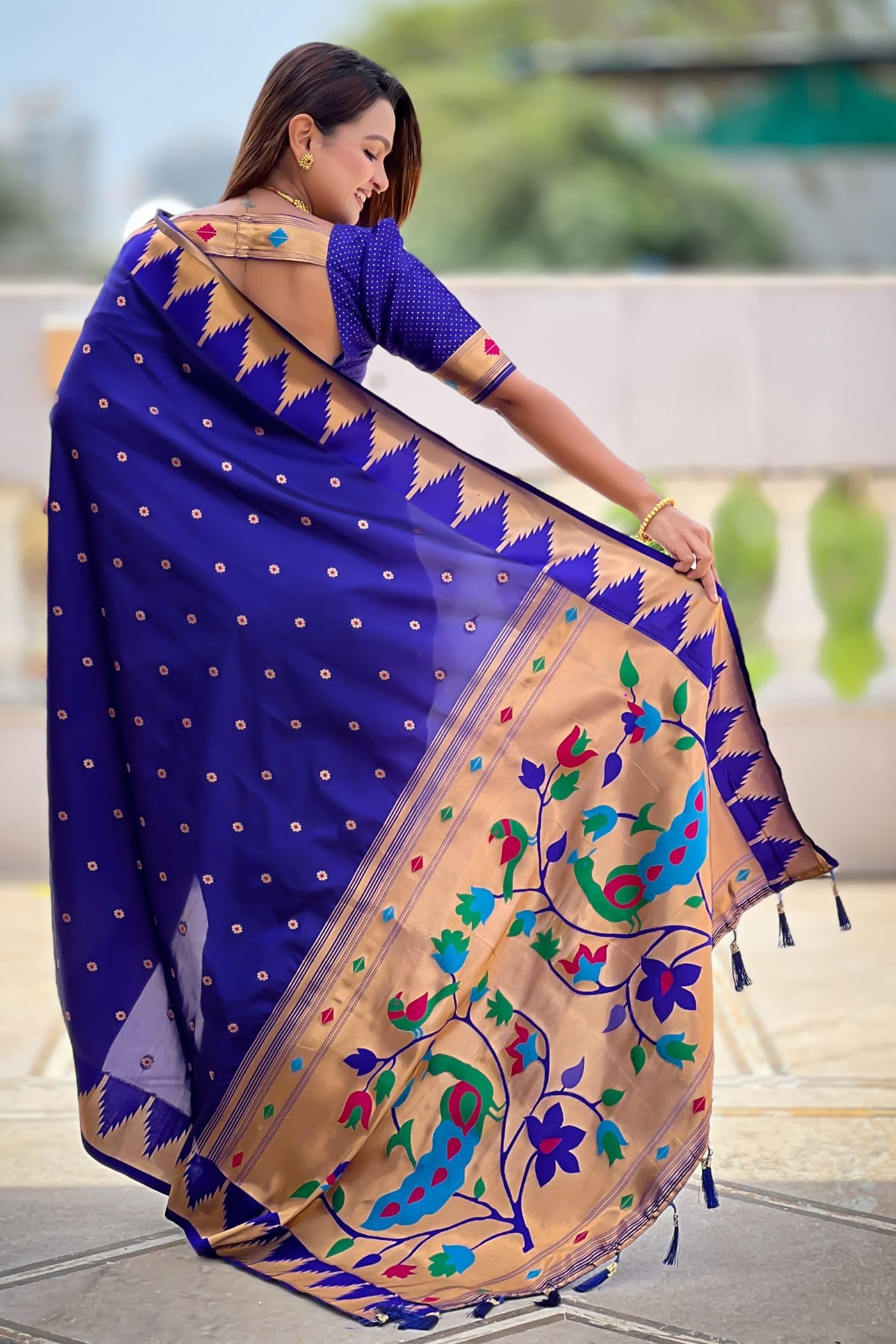 GarbGlide Women Paithani Lichi Silk Saree - Dark Blue - Image 4