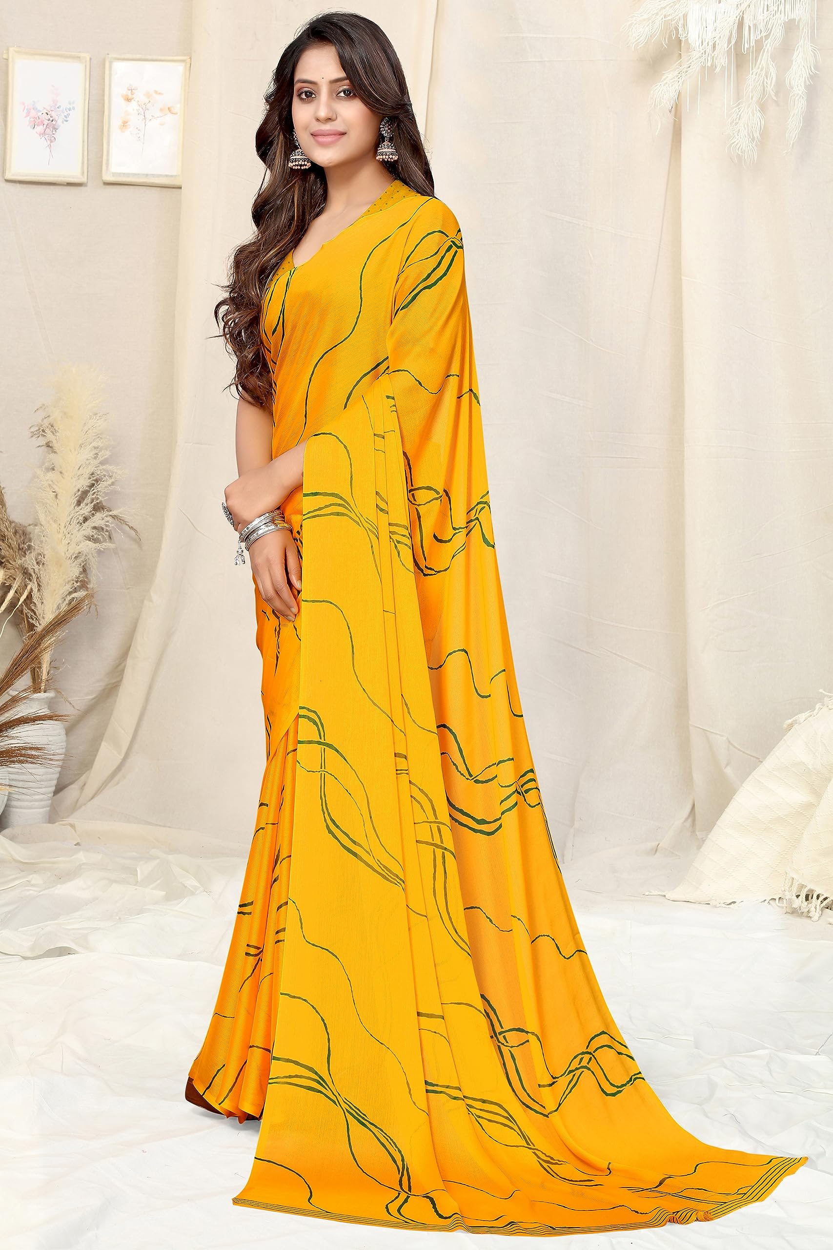 MIRCHI FASHION Yellow Green Chiffon Saree - Image 3