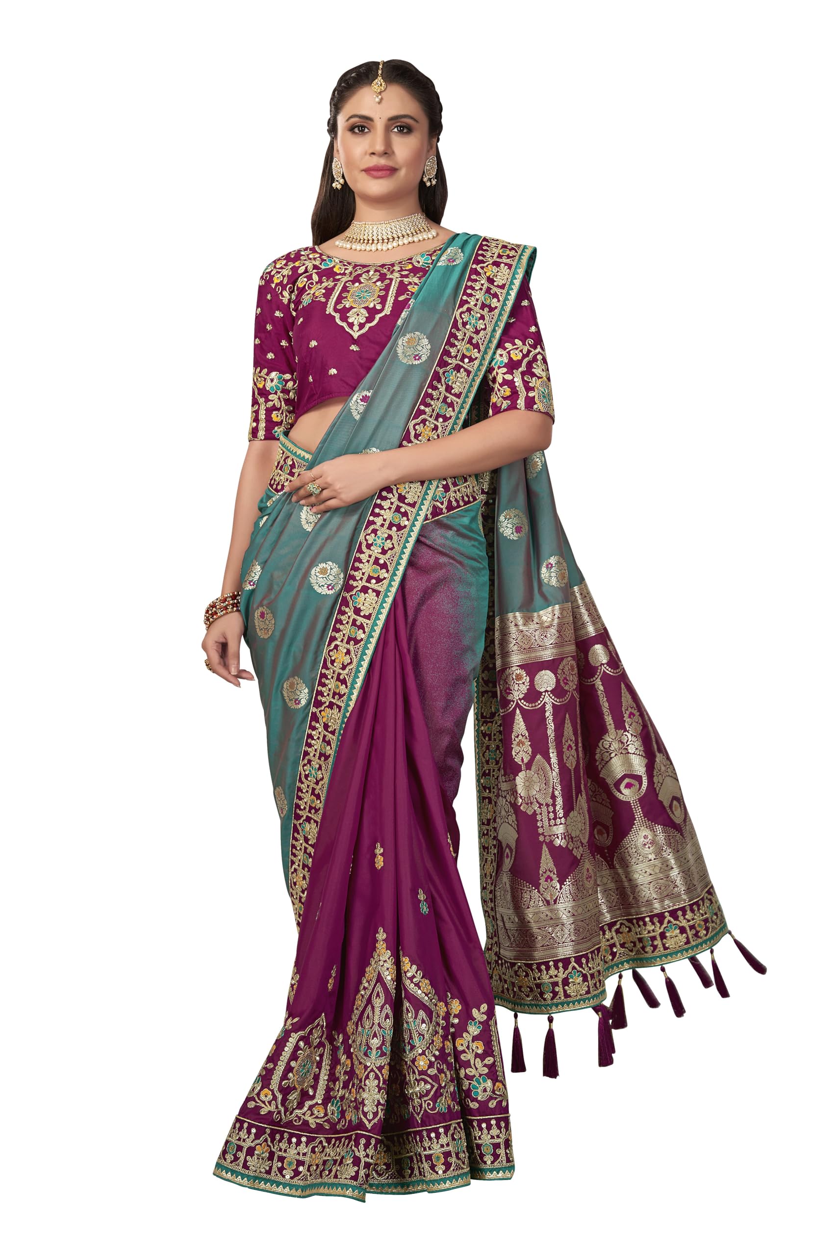 MANOHARI Women's Banarasi Silk Saree - Blue