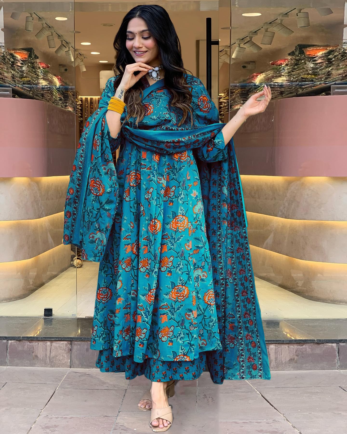 GoSriKi Women's Anarkali Kurta with Palazzo & Dupatta - Sky Blue - Image 3