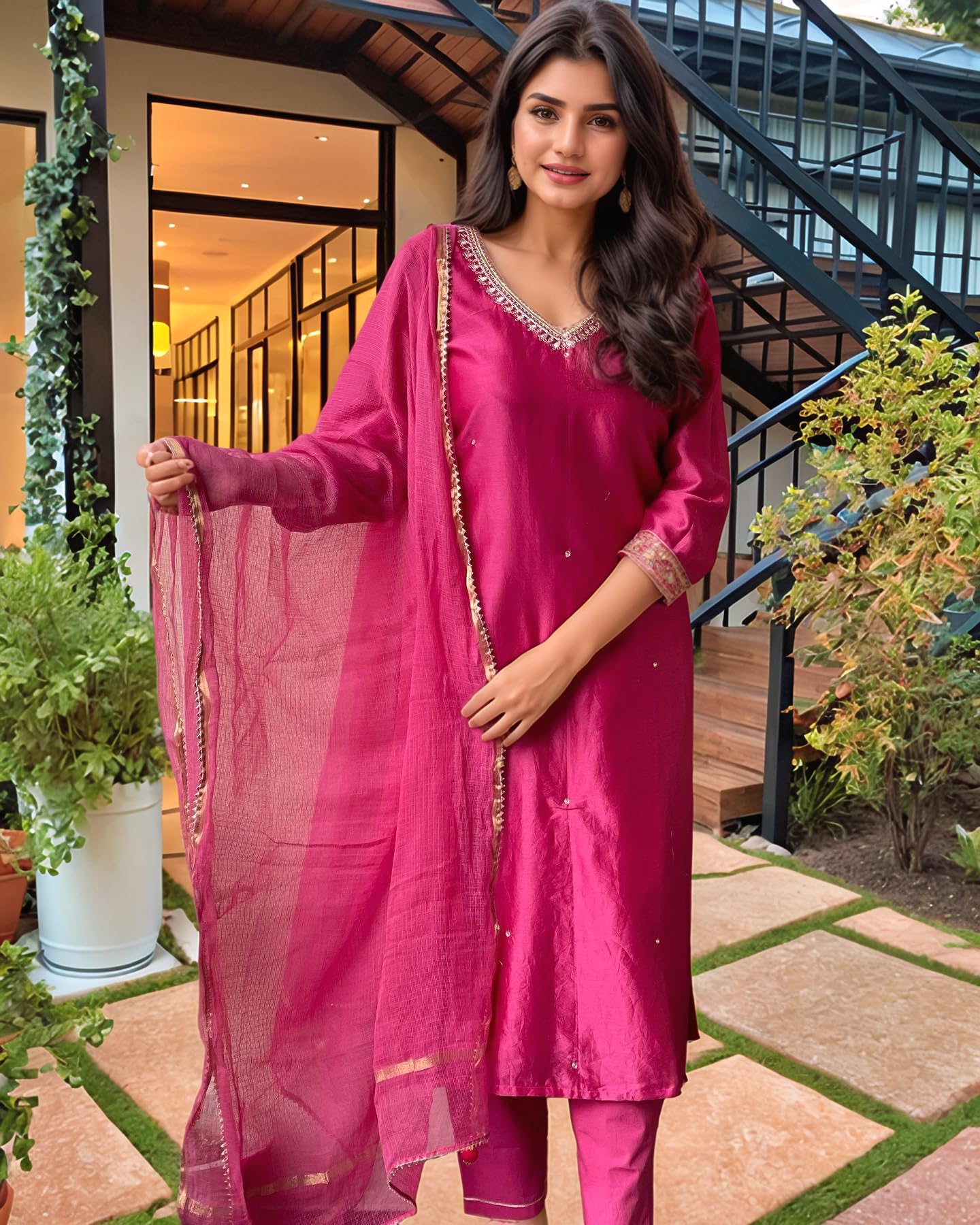ANNI DESIGNER Pink Embroidered Rayon Kurta Set for Women - Image 3