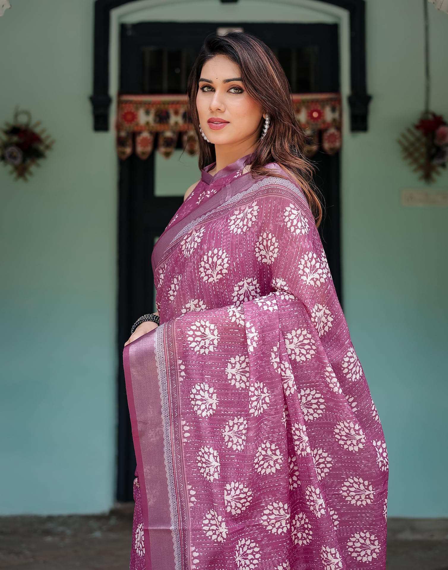 SIRIL Women's Cotton Linen Printed Saree - Pink - Image 5