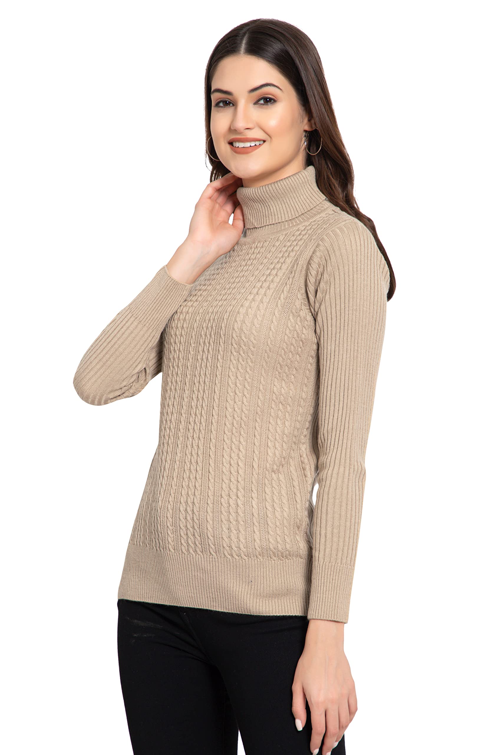 GODFREY Women's Acrylic Blend Turtle Neck Pullover - Beige - Image 4
