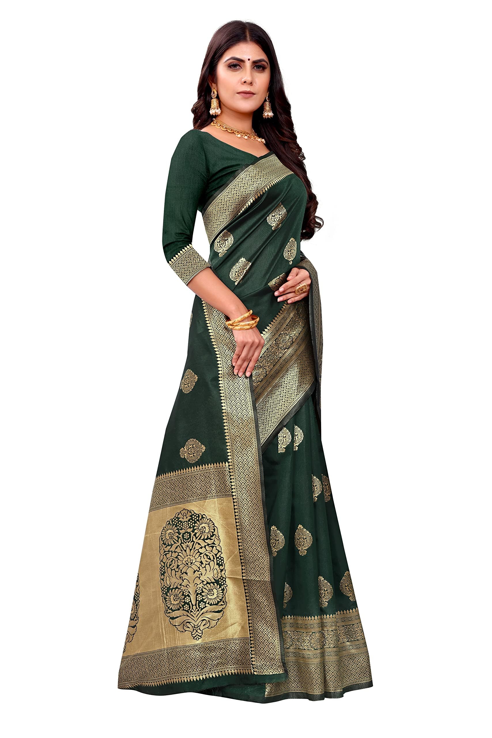 Kanjivaram Silk Saree for Women - Dark Green - Image 5