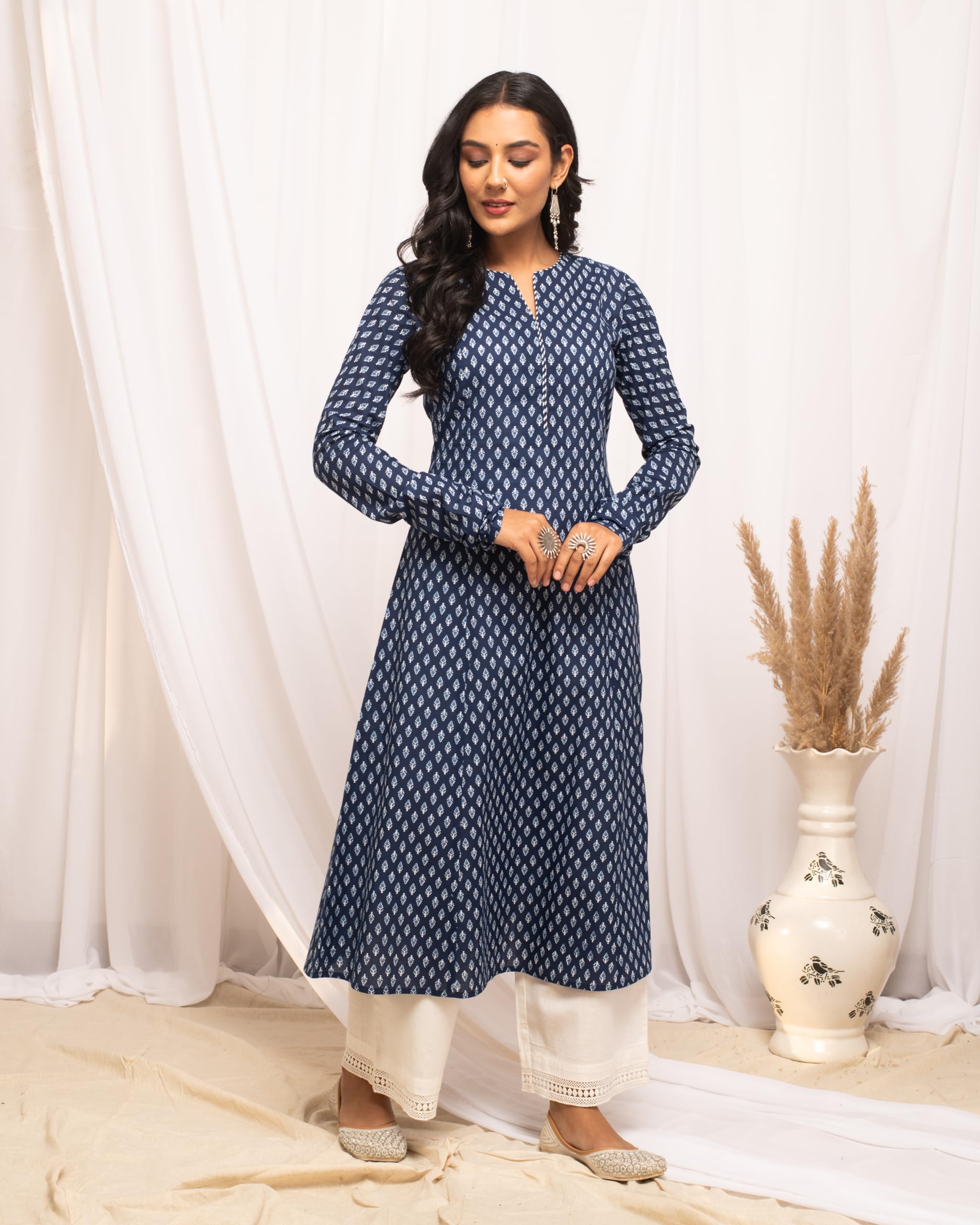 FIORRA Navy Blue Floral Cotton A-Line Kurta for Women - Image 3