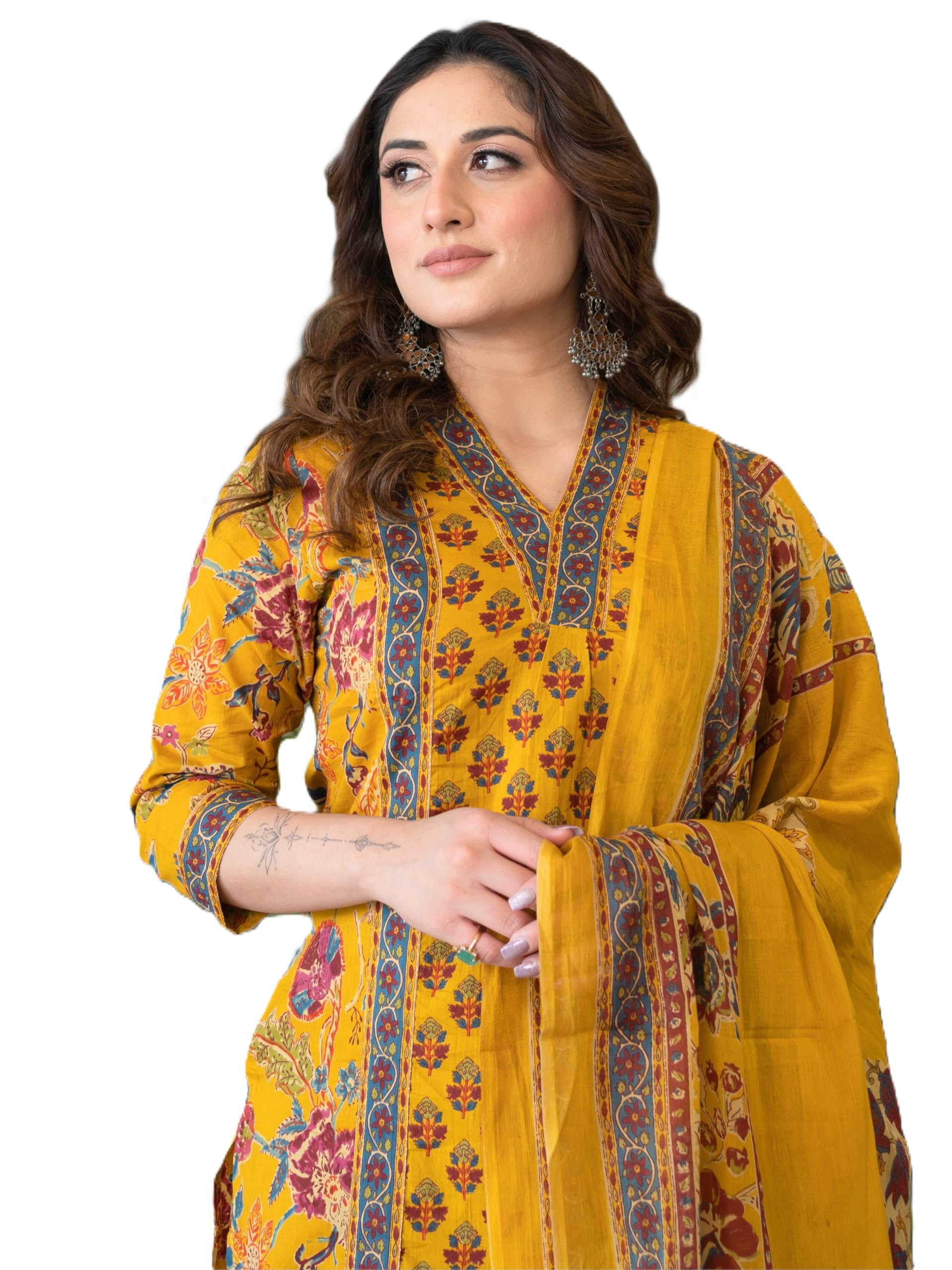 Arayna Women Kurta Set with Palazzo & Dupatta - Mustard
