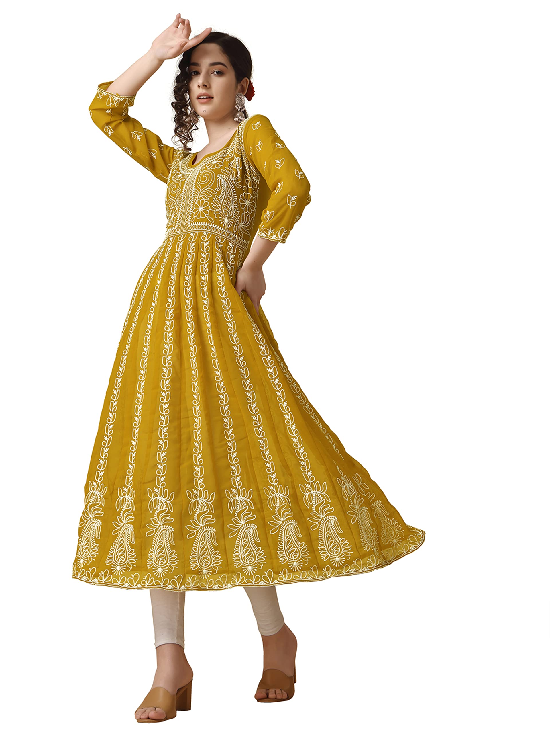 EthnicJunction Women Georgette Chikankari Embroidered Anarkali Kurta - Mustard - Image 3