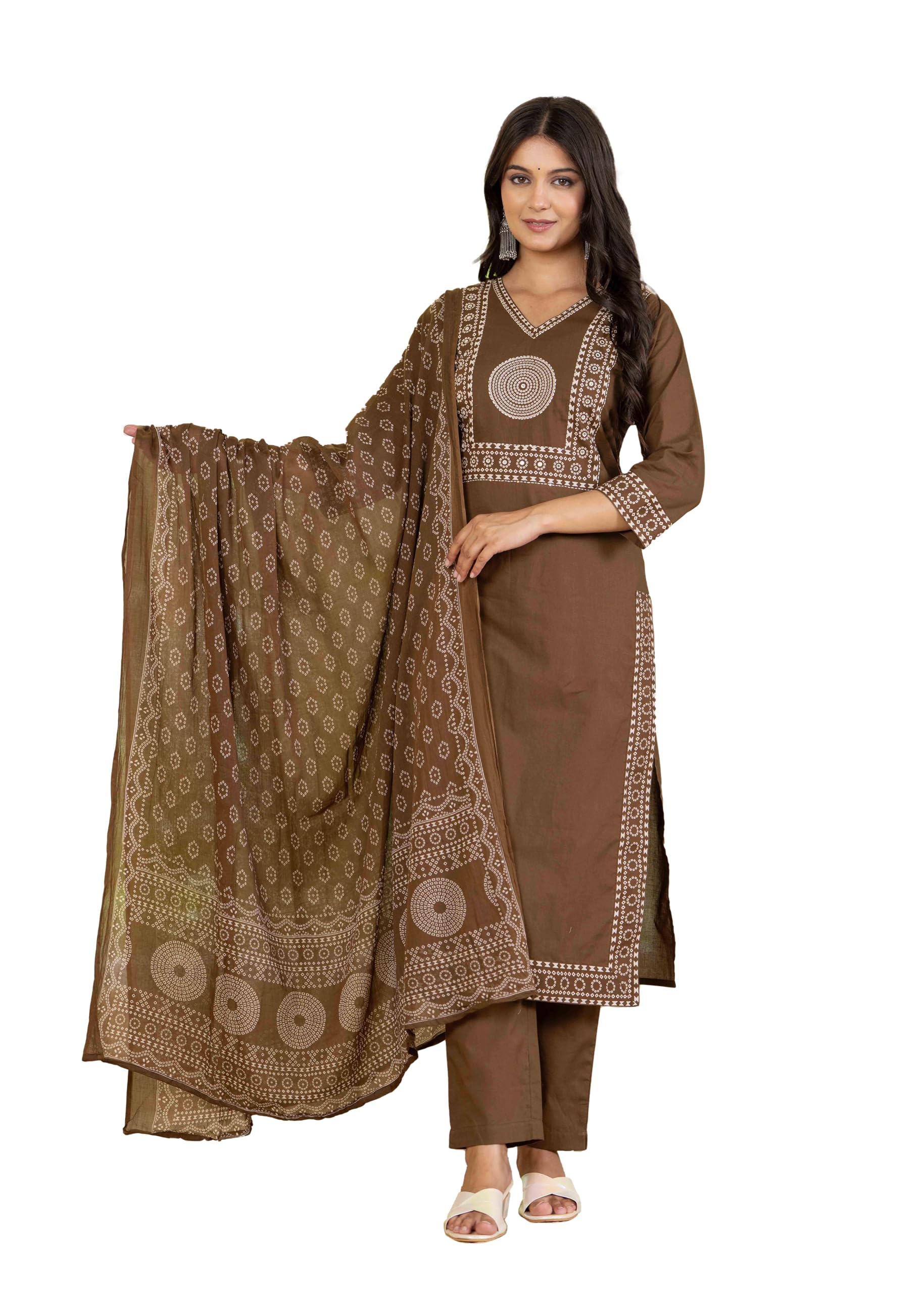 Pistaa Cotton Bandhani Kurta Set with Dupatta - Chocolate Brown