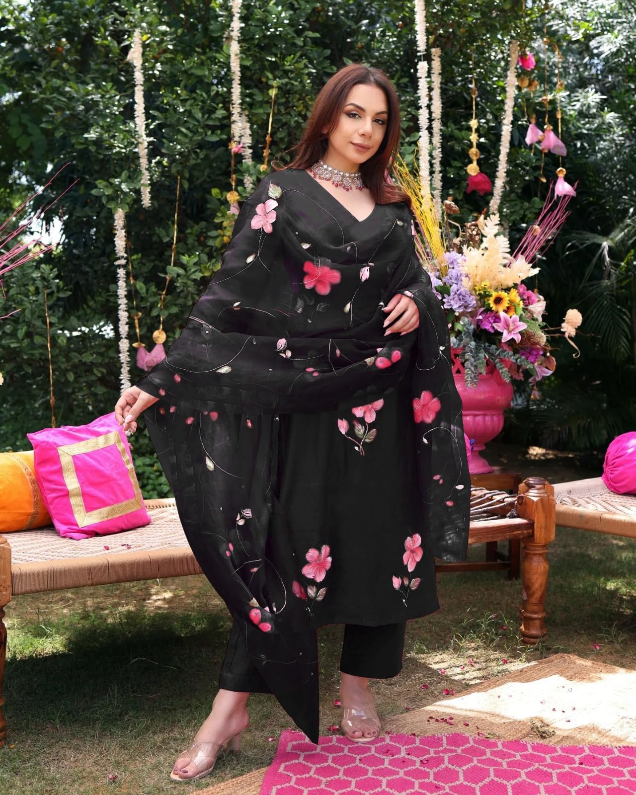 ANNI DESIGNER Black Rayon Blend Floral Kurta Set - Image 3