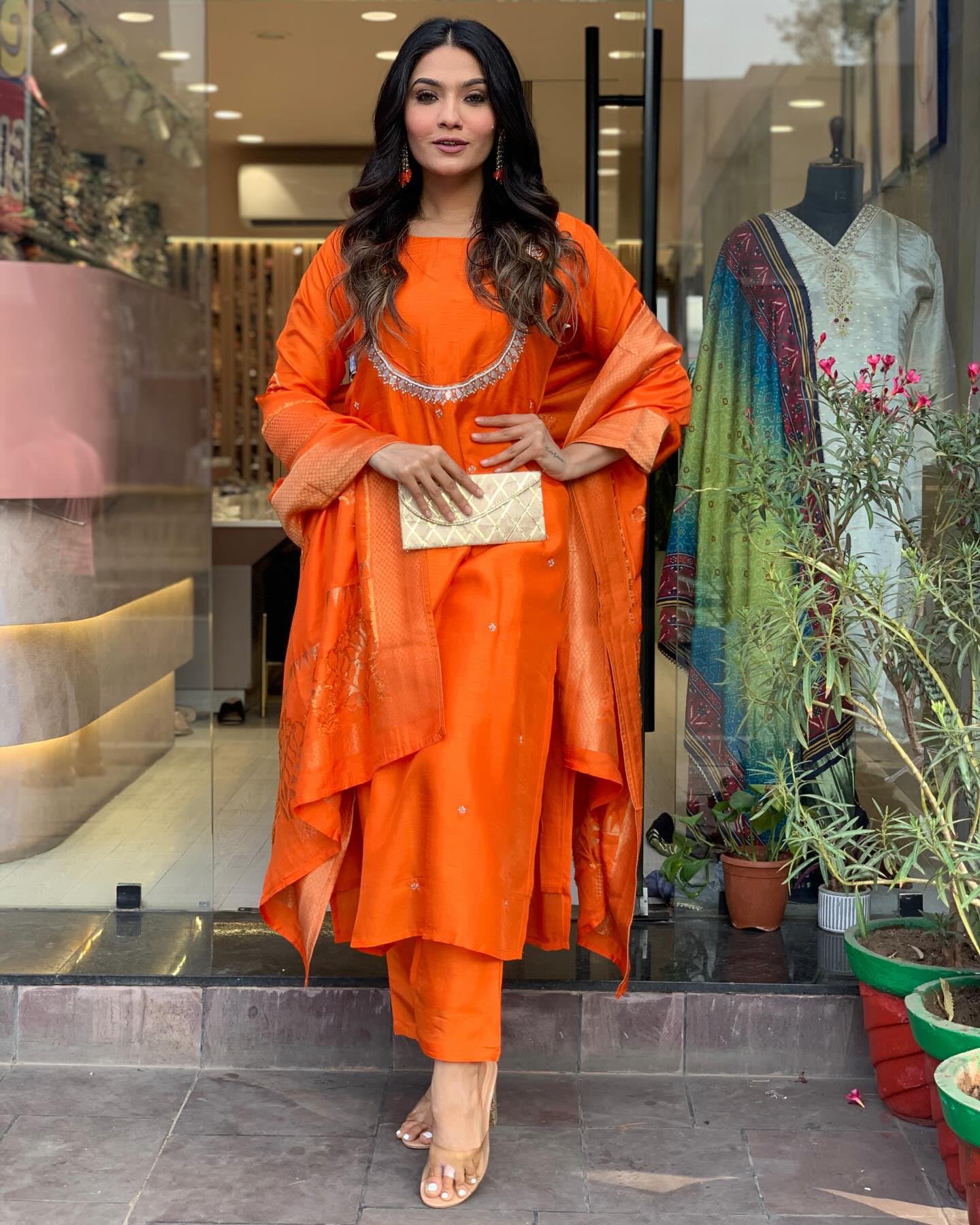 GoSriKi Women's Silk Blend Kurta with Pant & Dupatta - Orange - Image 4