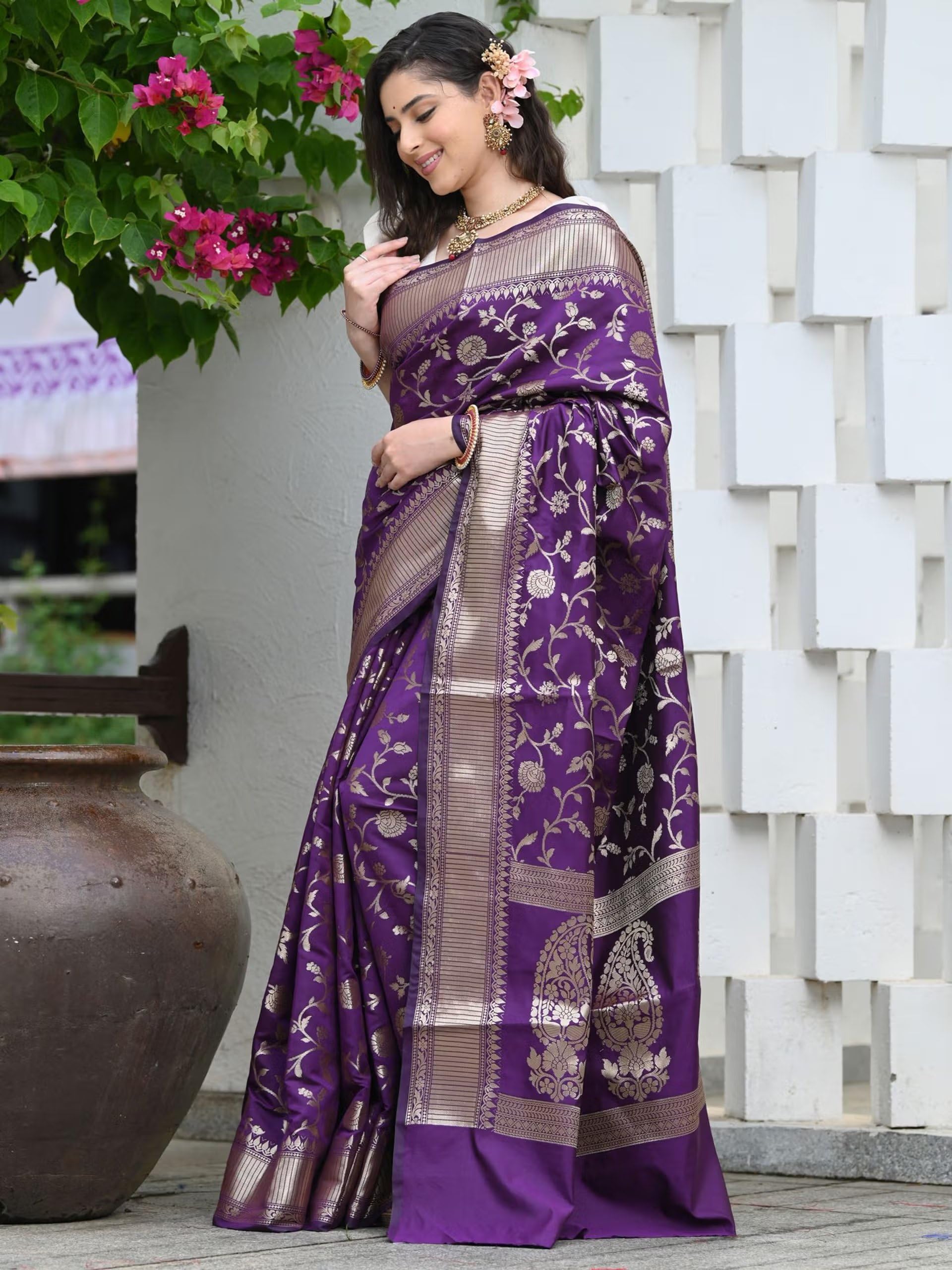 Sugathari Banarasi Saree - Purple Art Silk Zari Border - Image 3
