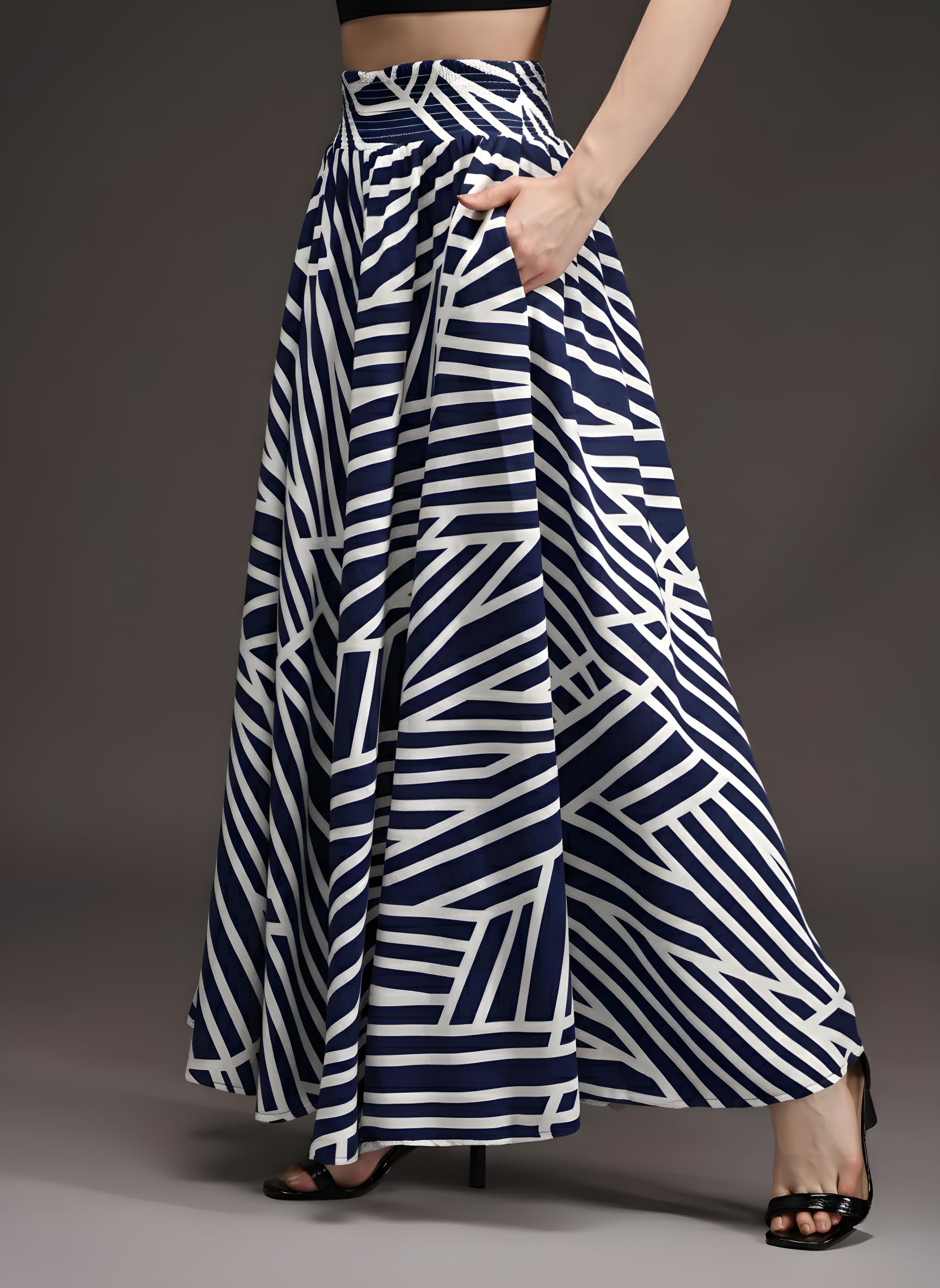 Navy White Zebra Palazzo Trousers for Women - Image 2