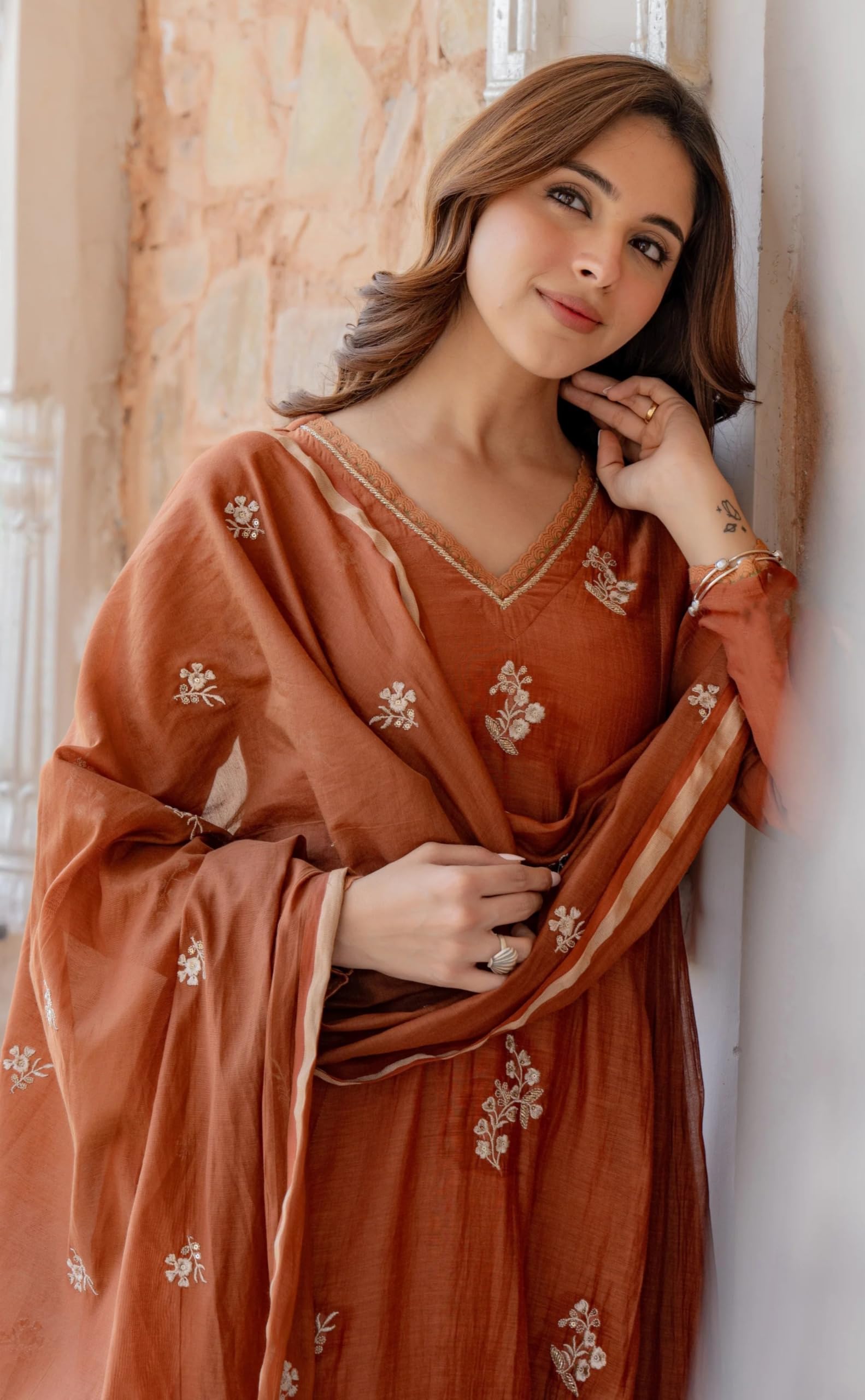 Anarkali Kurta Pant Dupatta Set for Women - Orange Embroidered - Image 2