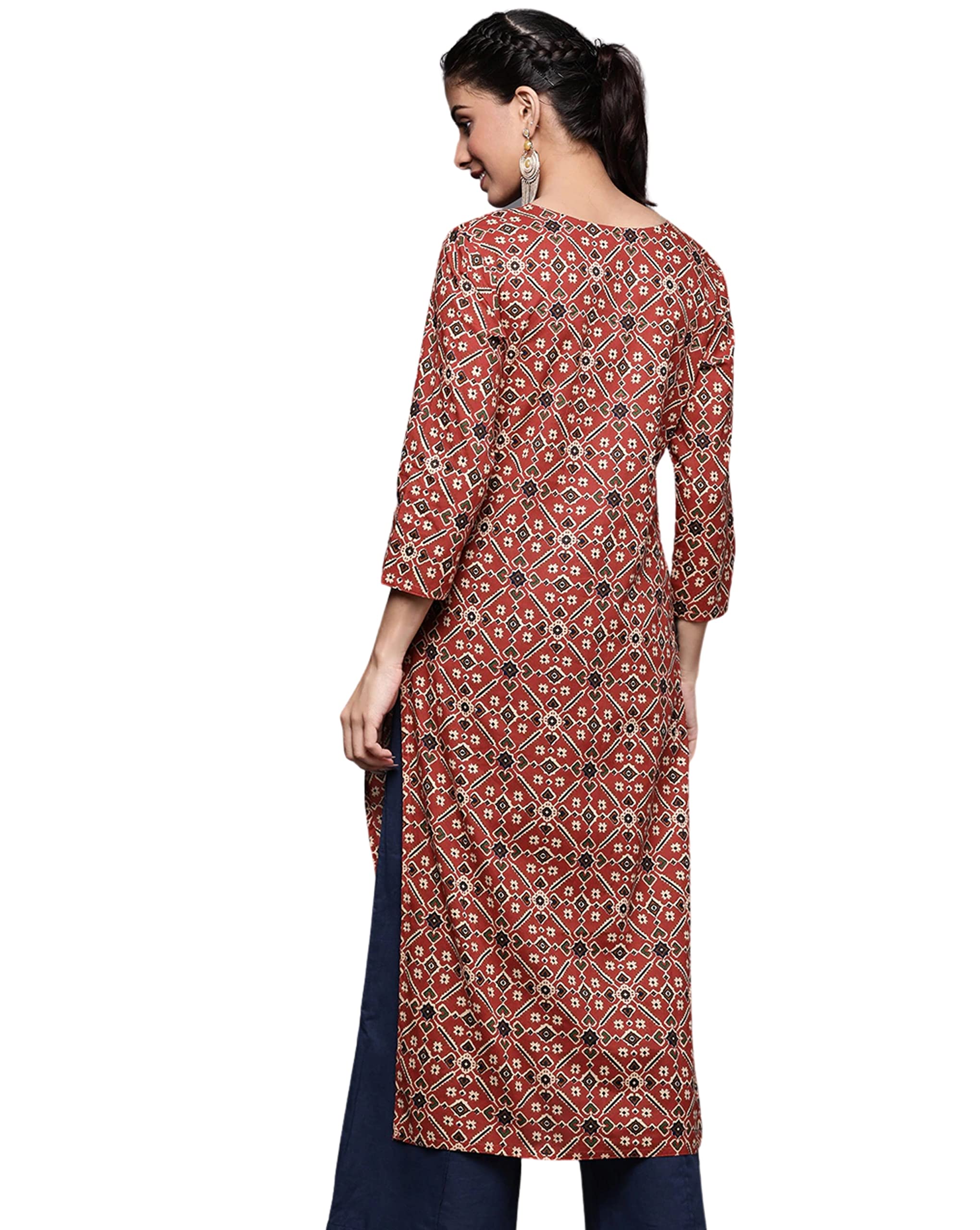 rytras Women's Cotton Printed Straight Kurta - Maroon - Image 3