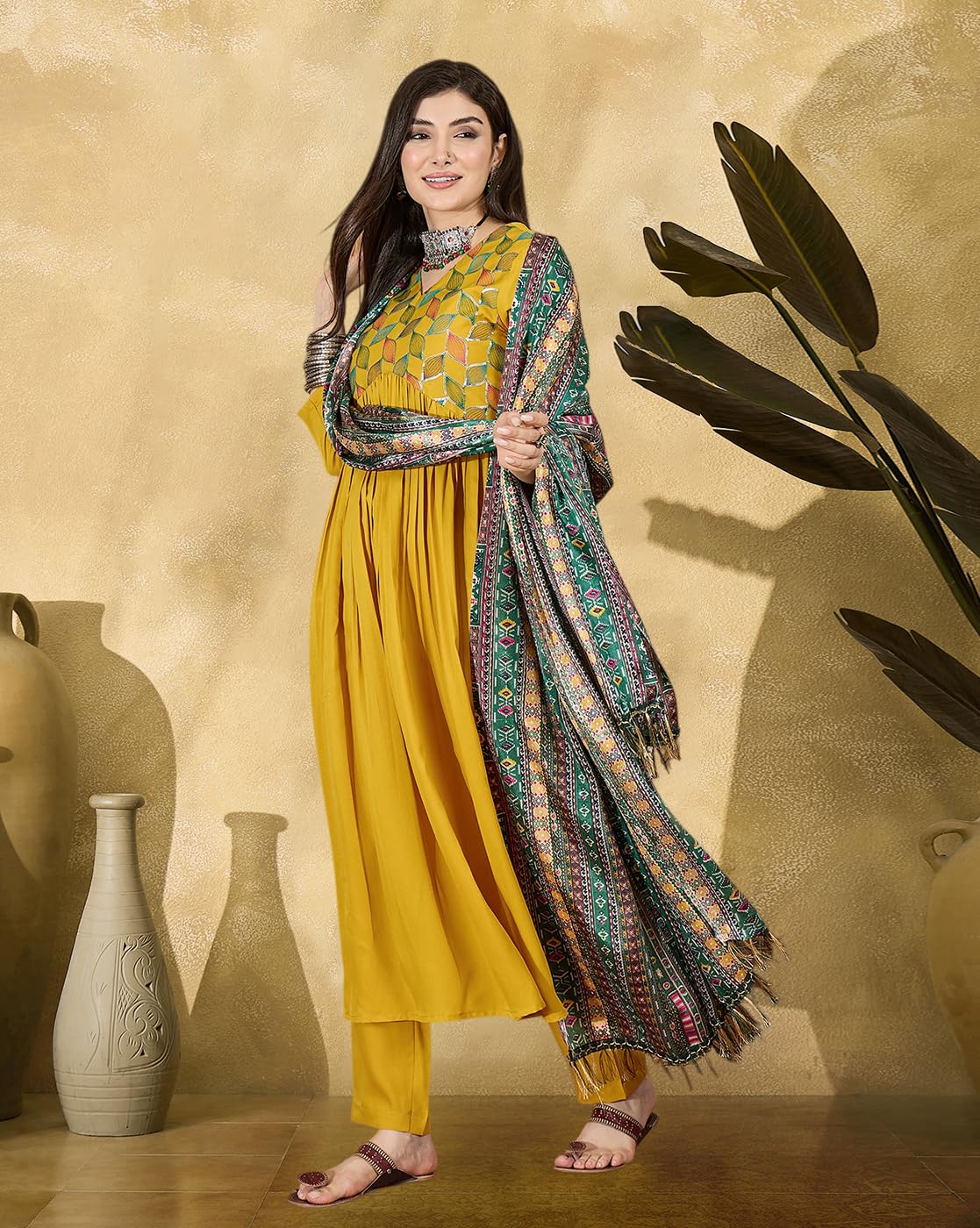 SheWill Yellow American Crepe Embroidered Kurta Set - Image 4