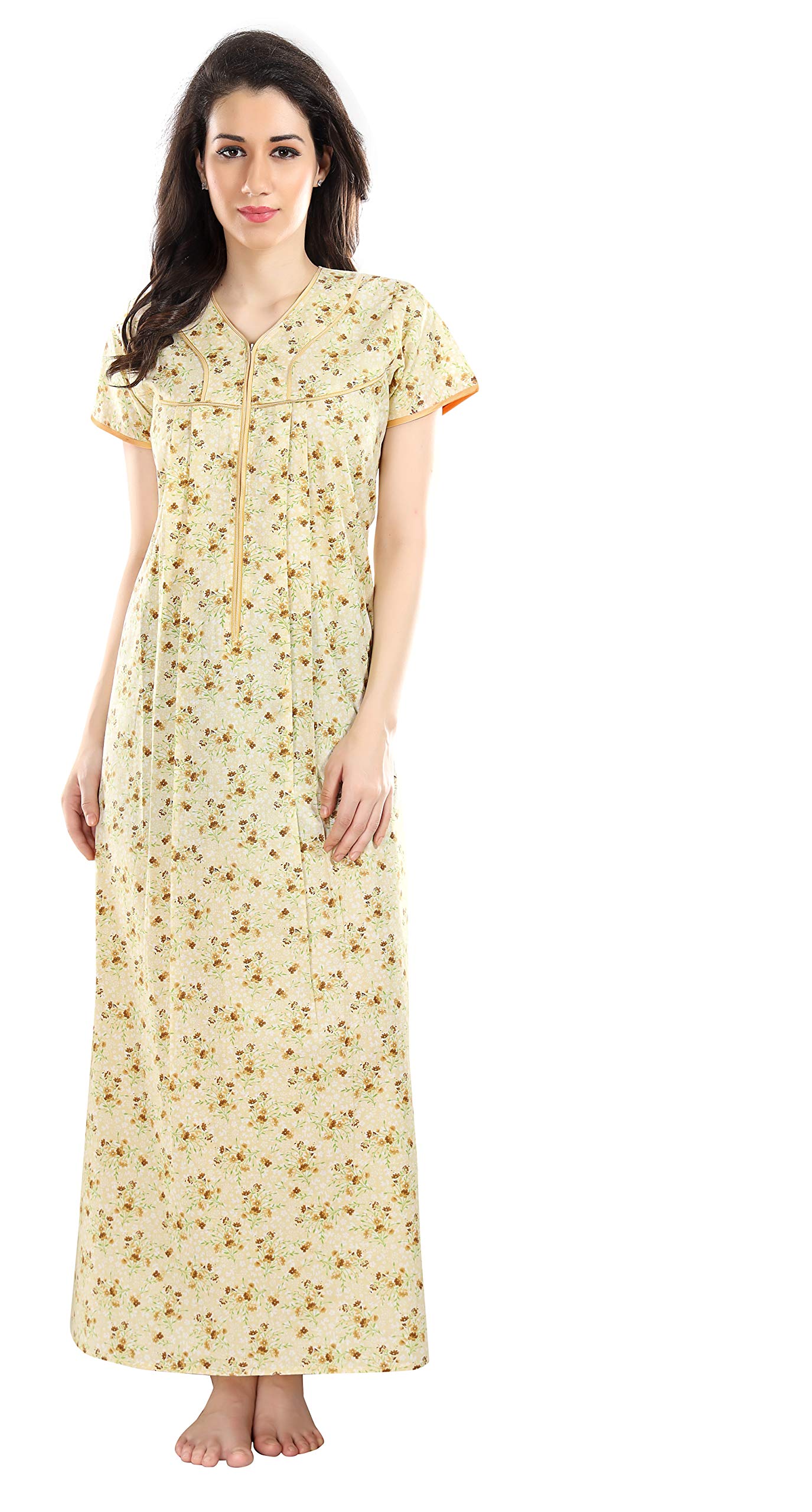 GarbGlide Women Printed Cotton Nighty - Beige