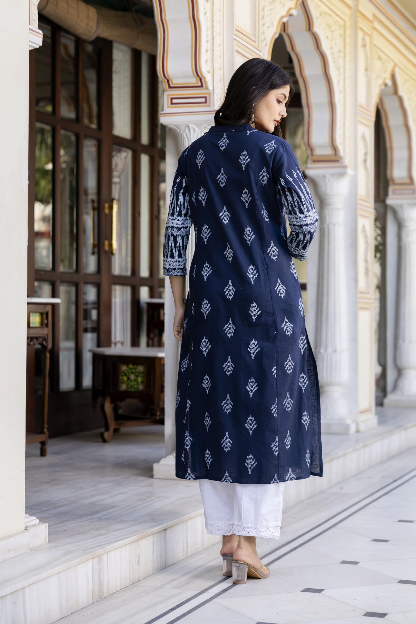 GarbGlide Women Floral Kurta With Palazzos - Navy Blue - Image 4
