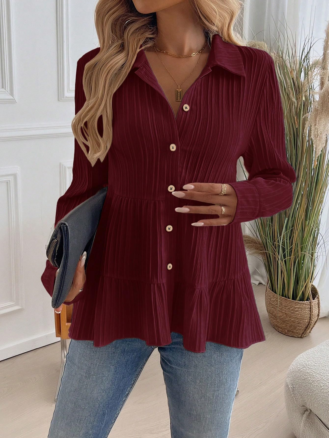 TOPLOT Maroon Button-Up Tunic Top for Women - Image 5