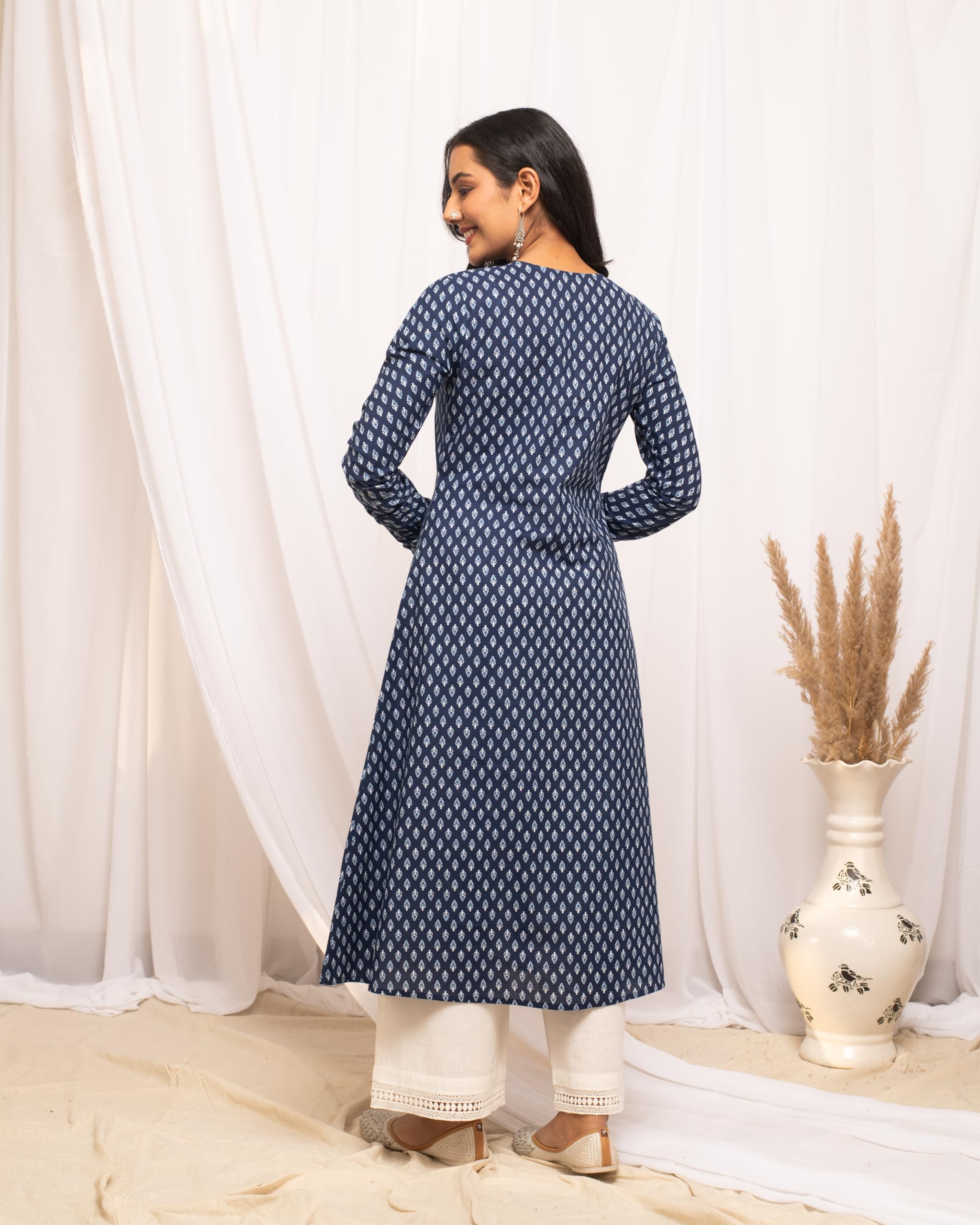 FIORRA Navy Blue Floral Cotton A-Line Kurta for Women - Image 2