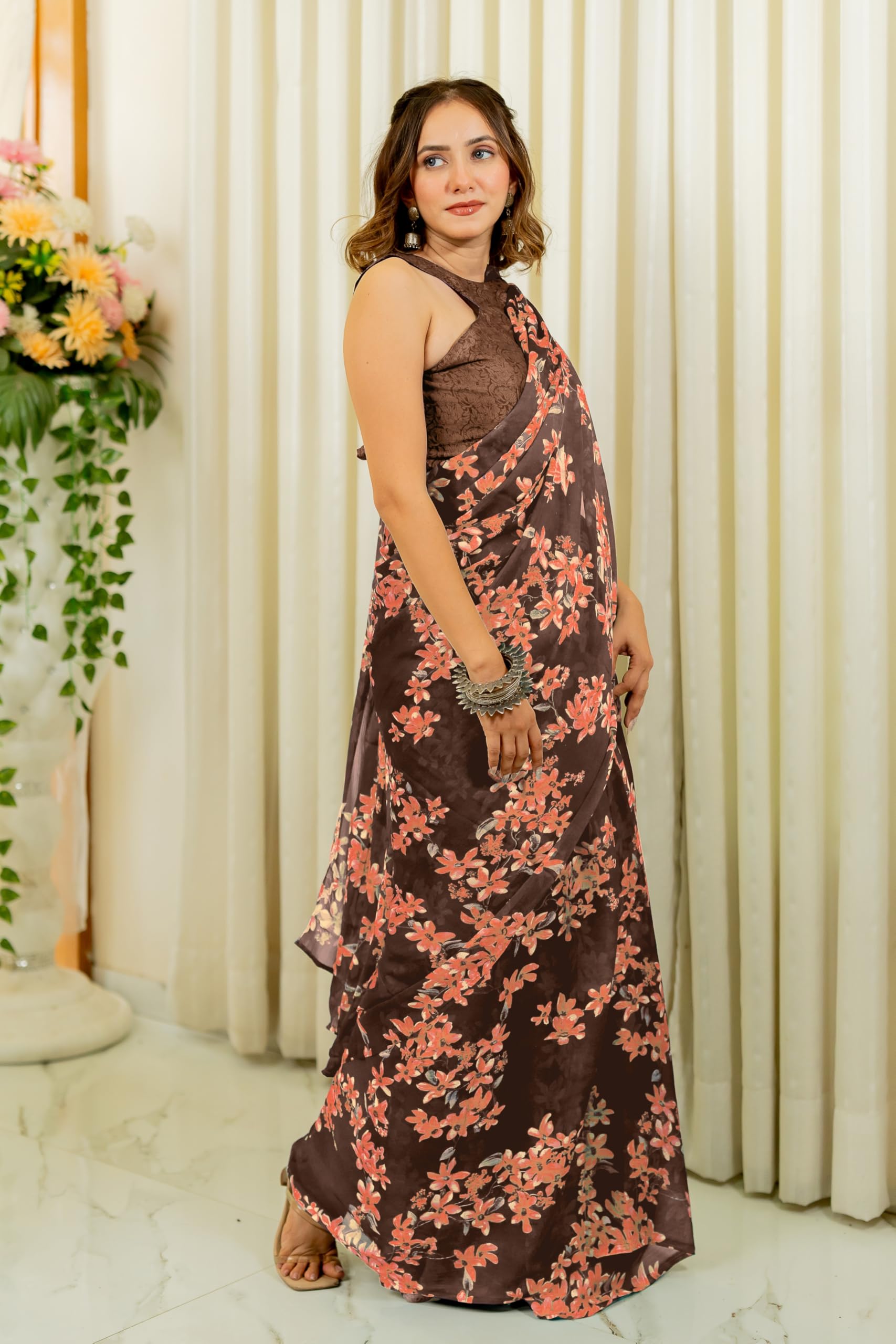 MIRCHI FASHION Chiffon Georgette Floral Saree for Women - Brown - Image 3