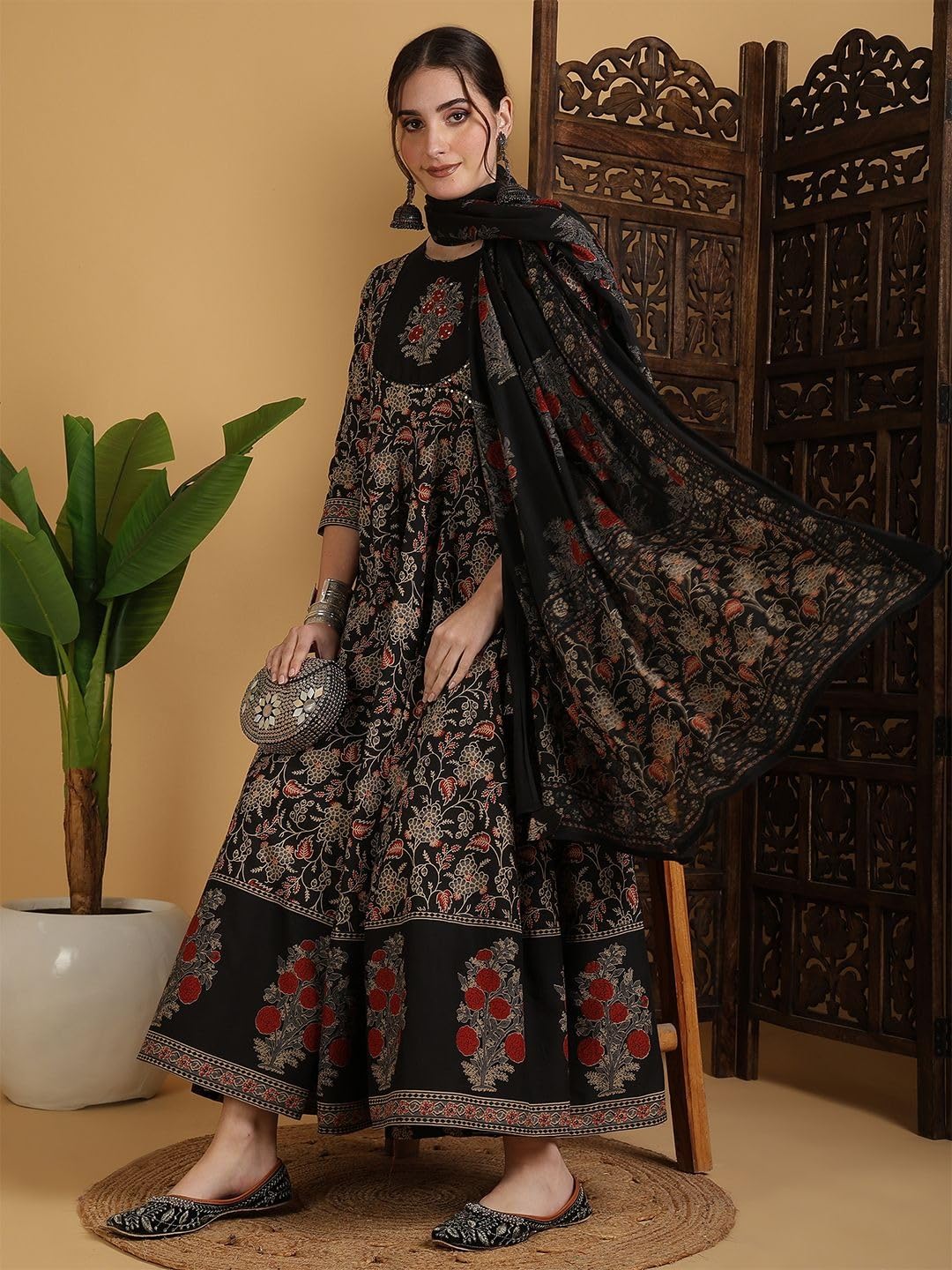GoSriKi Women's Anarkali Kurta with Pant & Dupatta - Black - Image 3