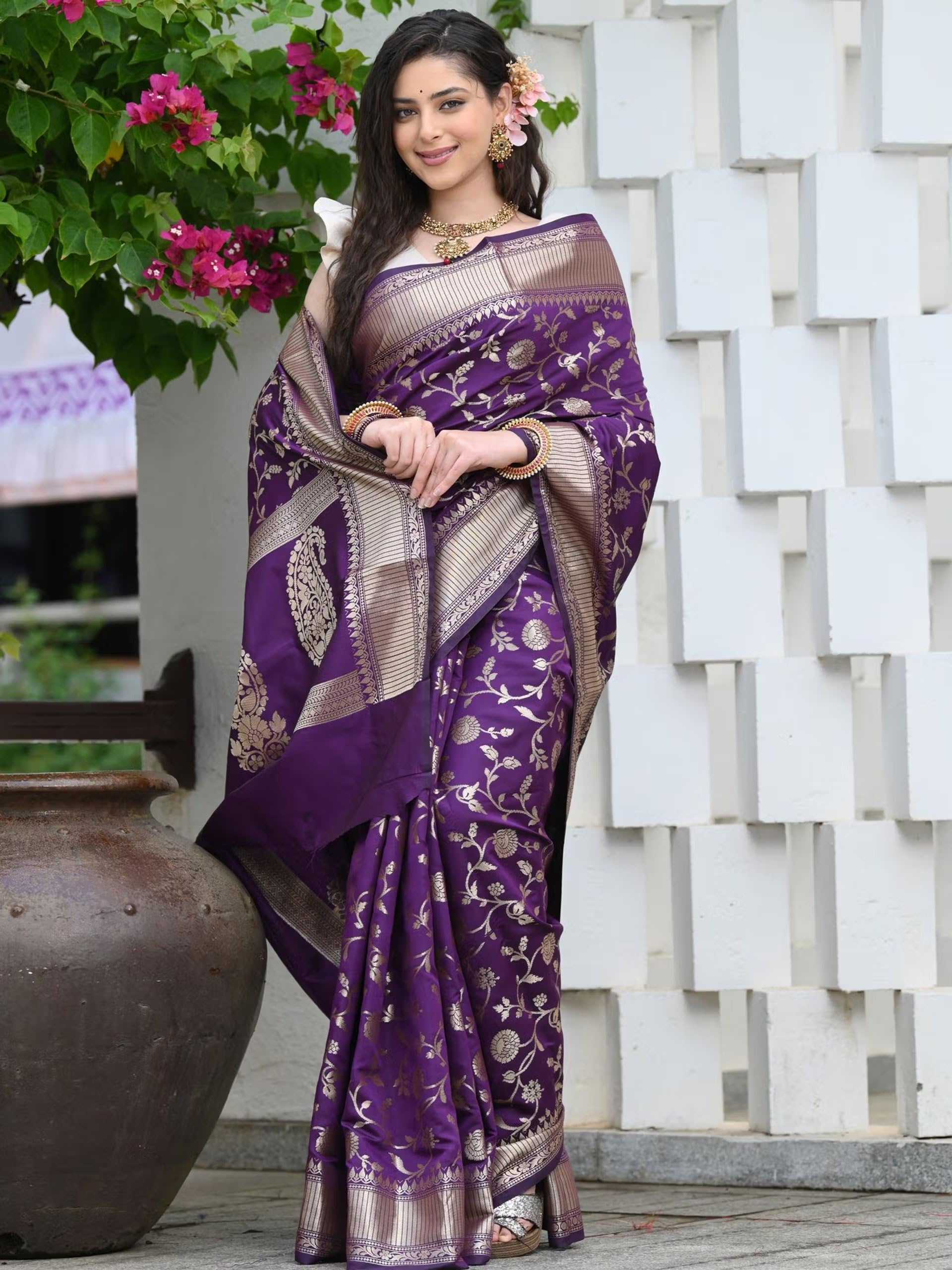 Sugathari Banarasi Saree - Purple Art Silk Zari Border - Image 4