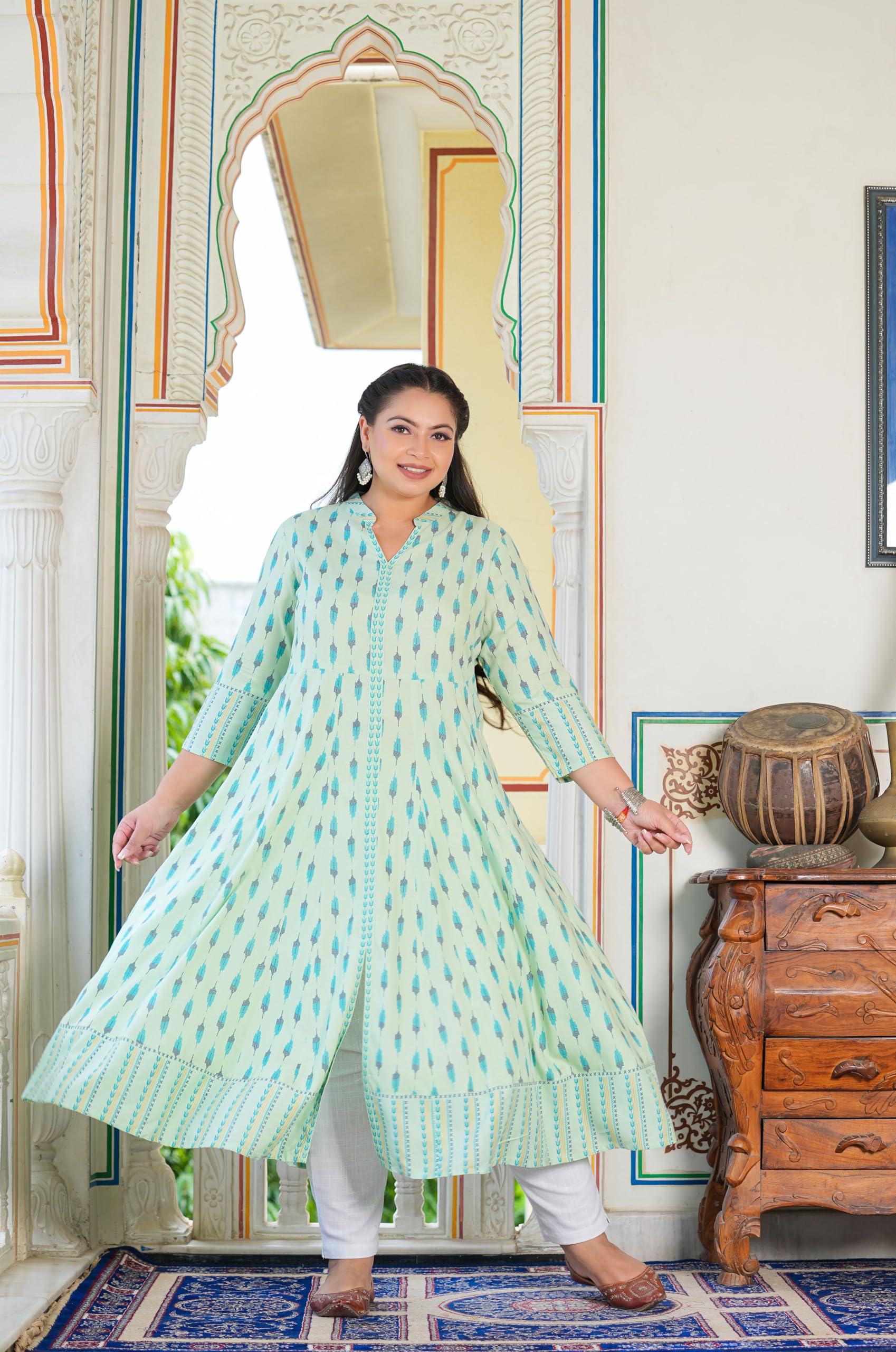 Yash Fashion Women's Rayon Ikat Printed Anarkali Kurta - Green - Image 3