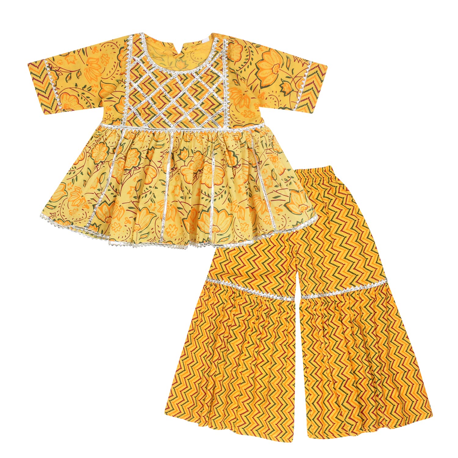 Sanganeri Printed Kurta Sharara Set for Baby Girls - Yellow