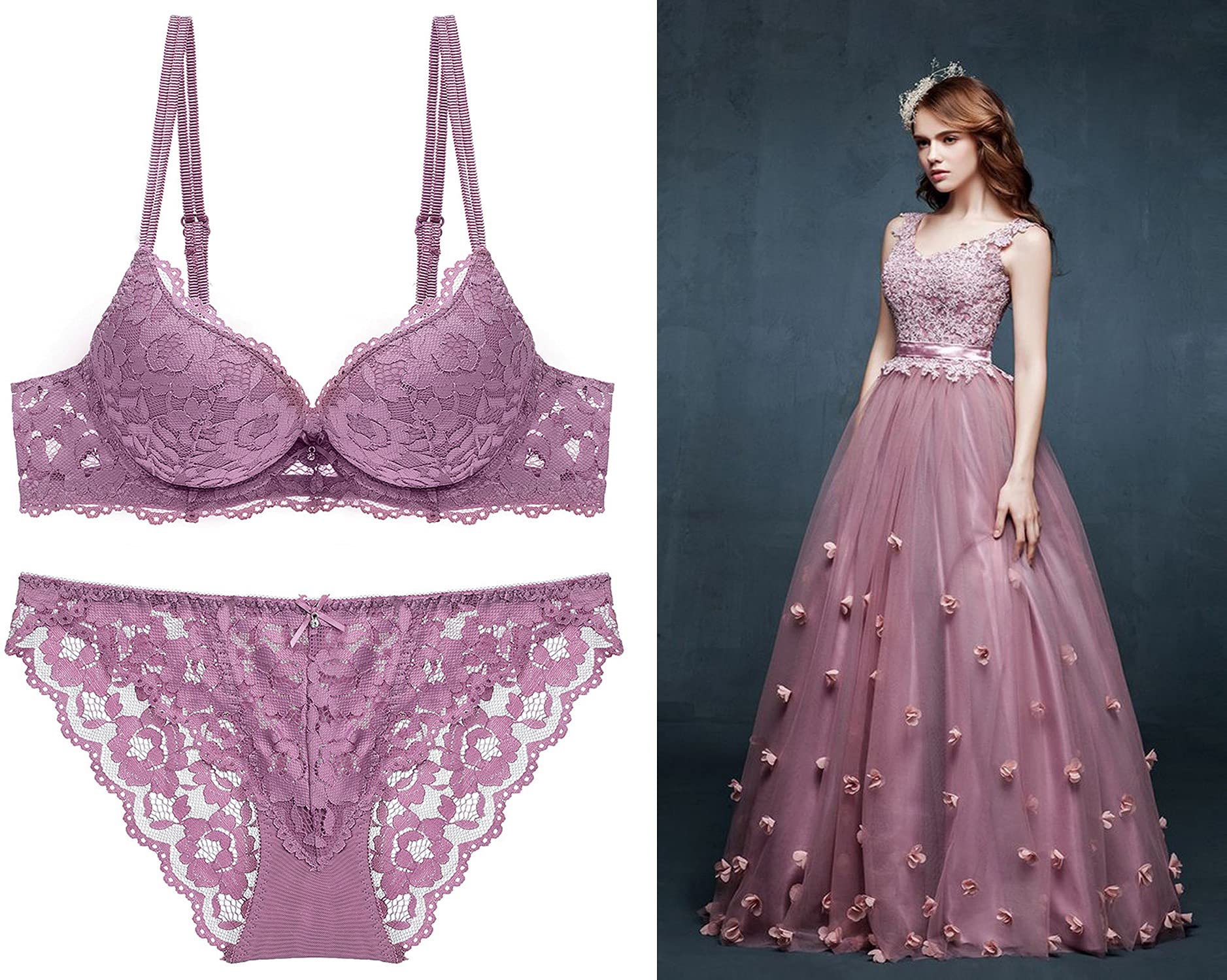 UNITRUST Women's Bra and Panty Set Lace Push Up Lingerie - Purple - Image 3