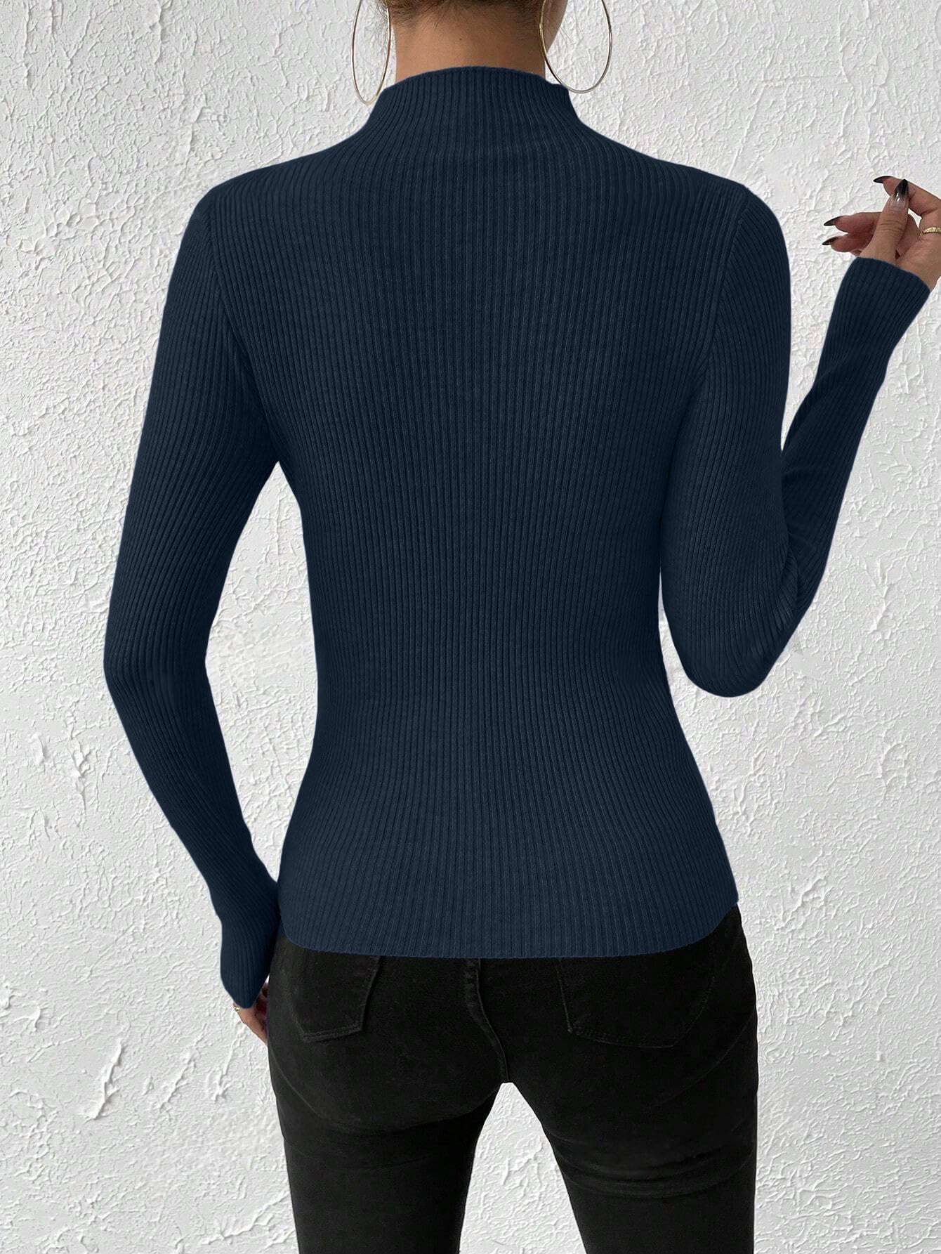 TIVANTE Solid Turtle Neck Ribbed Long Sleeve Top for Women - Navy Blue - Image 2