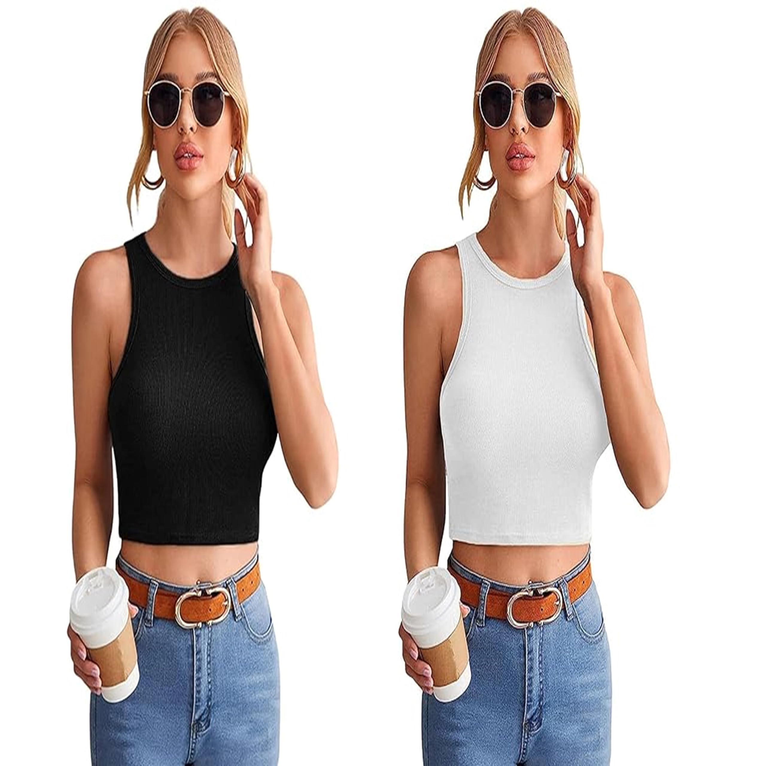 SriSaras Women's Black & White Cotton Tank Tops