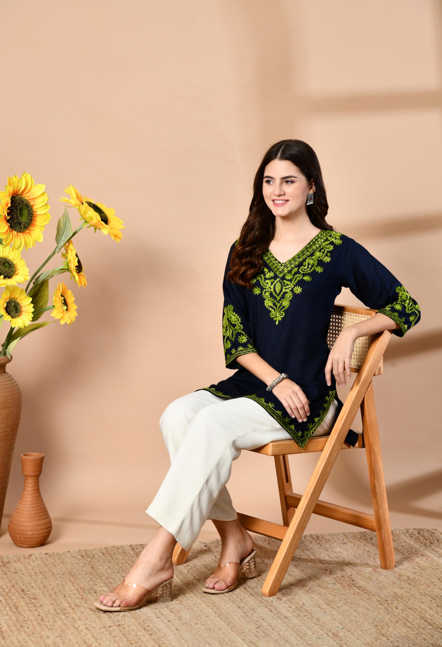 Kashmiri Embroidered Tunic Top for Women - Navy Blue - Image 5