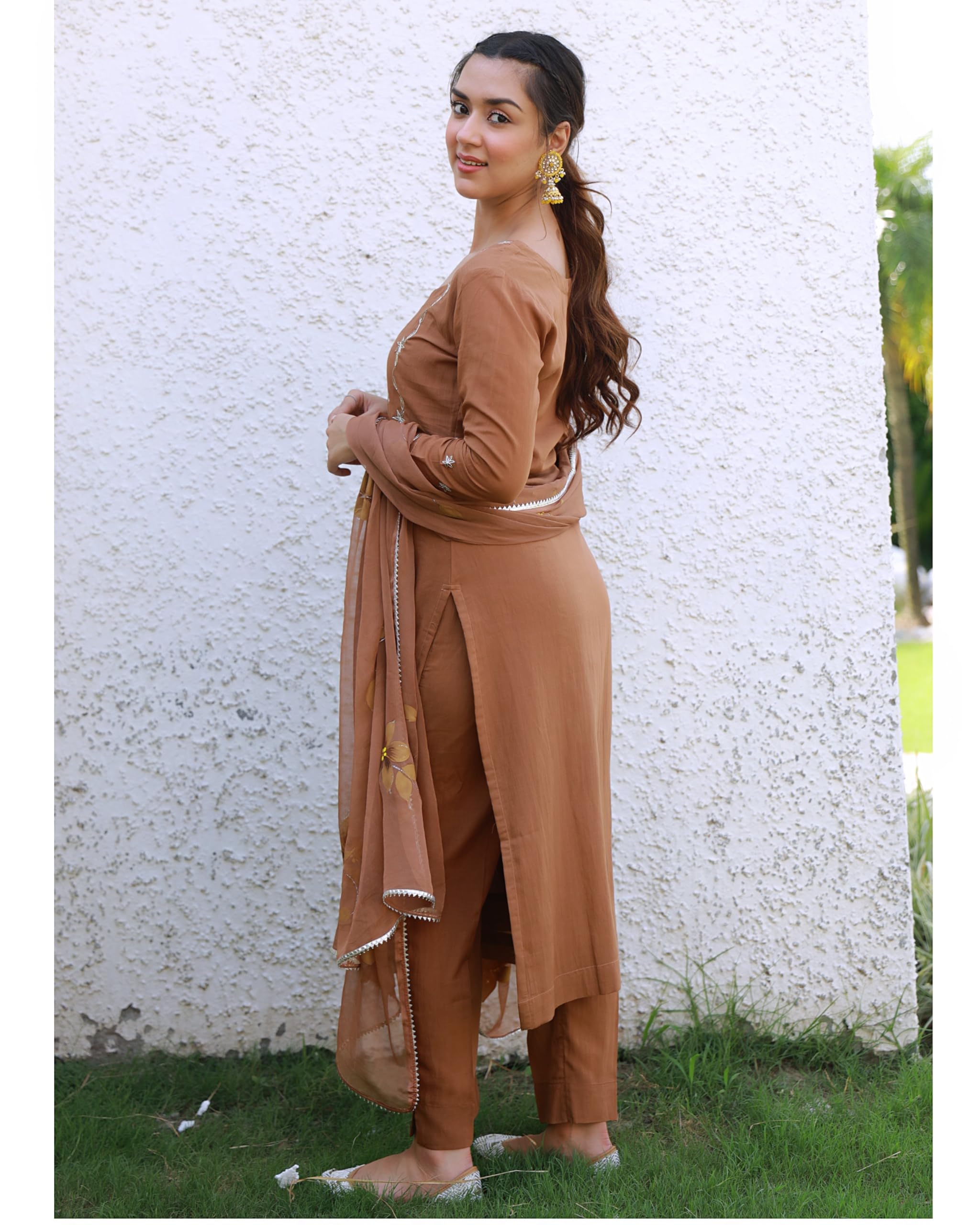 GoSriKi Women's Embroidered Kurta with Pant & Dupatta - Brown - Image 2