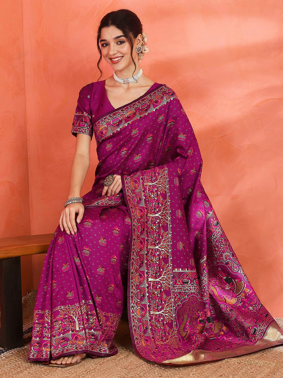 Satrani Banarasi Saree for Women - Dark Rani Pink - Image 3