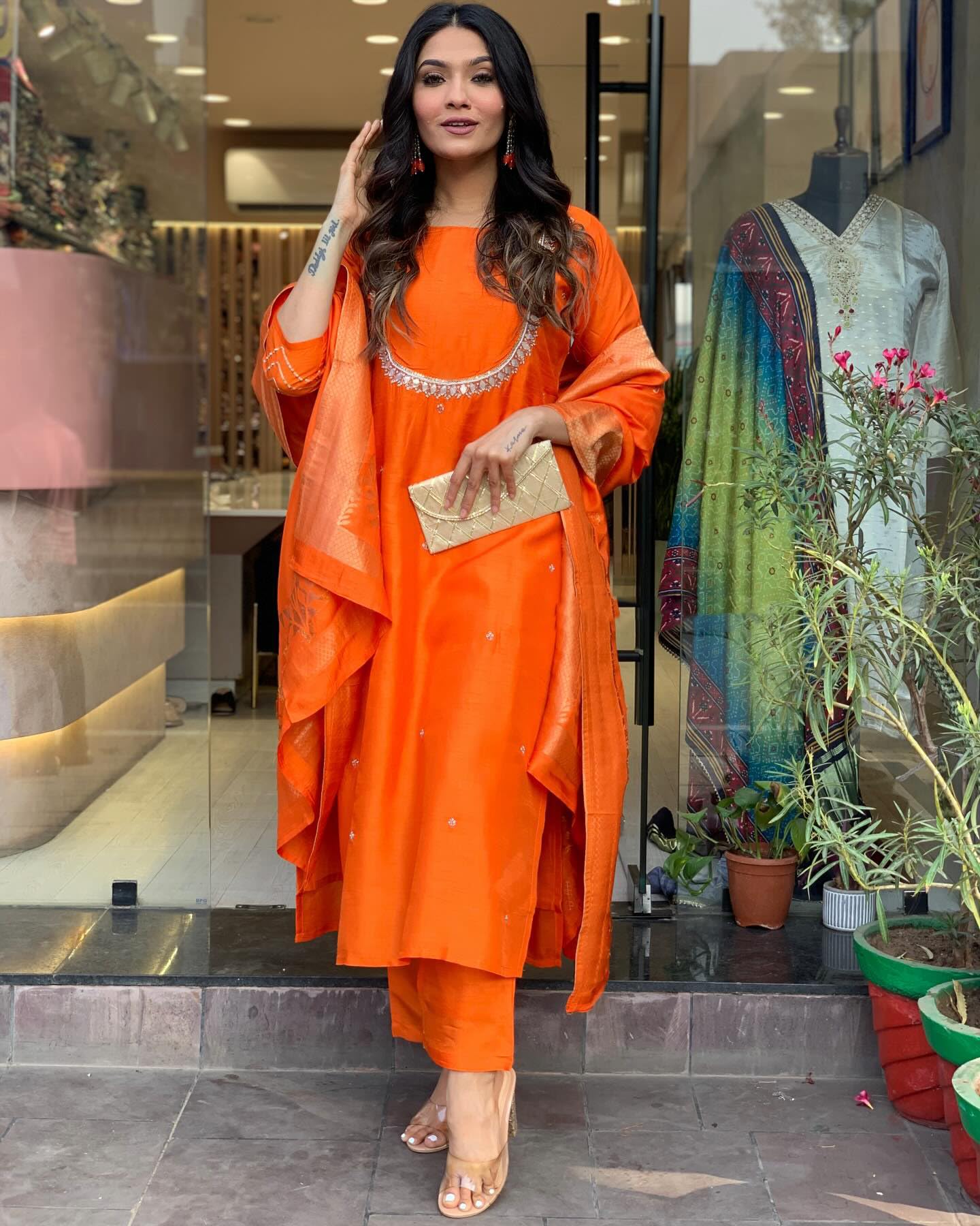 GoSriKi Women's Silk Blend Kurta with Pant & Dupatta - Orange - Image 3