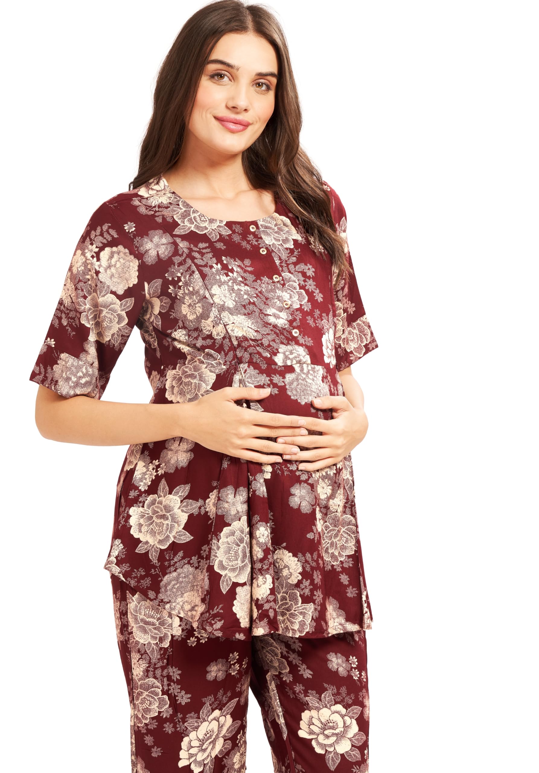 GarbGlide Women Maternity Top & Pyjama Set - Maroon - Image 4