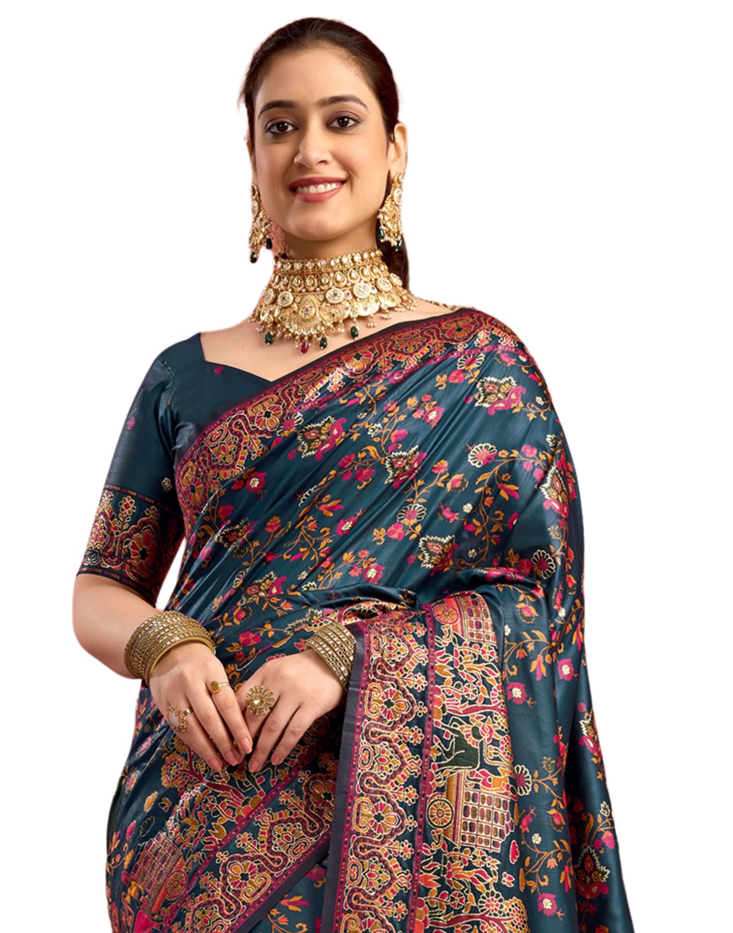 SIRIL Women's Silk Kashmiri Minakari Jacquard Saree - Rama Blue