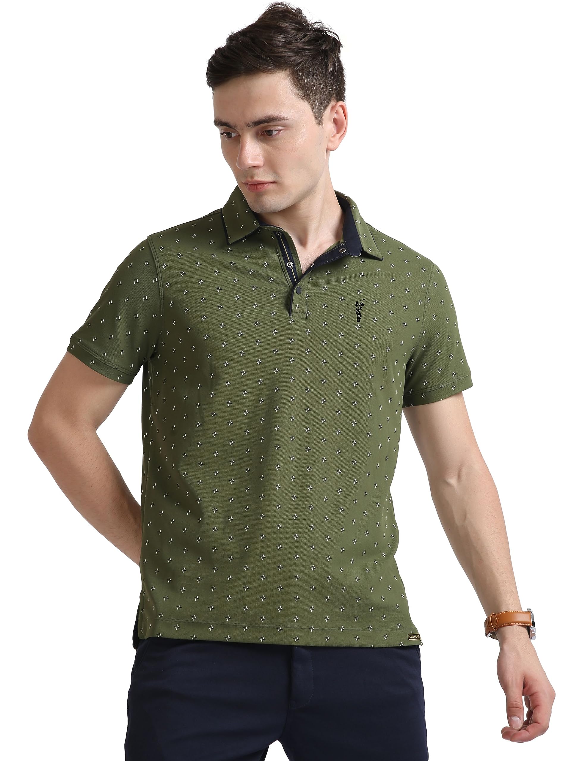 STELLERS Men's Olive Green Printed Polo T-Shirt