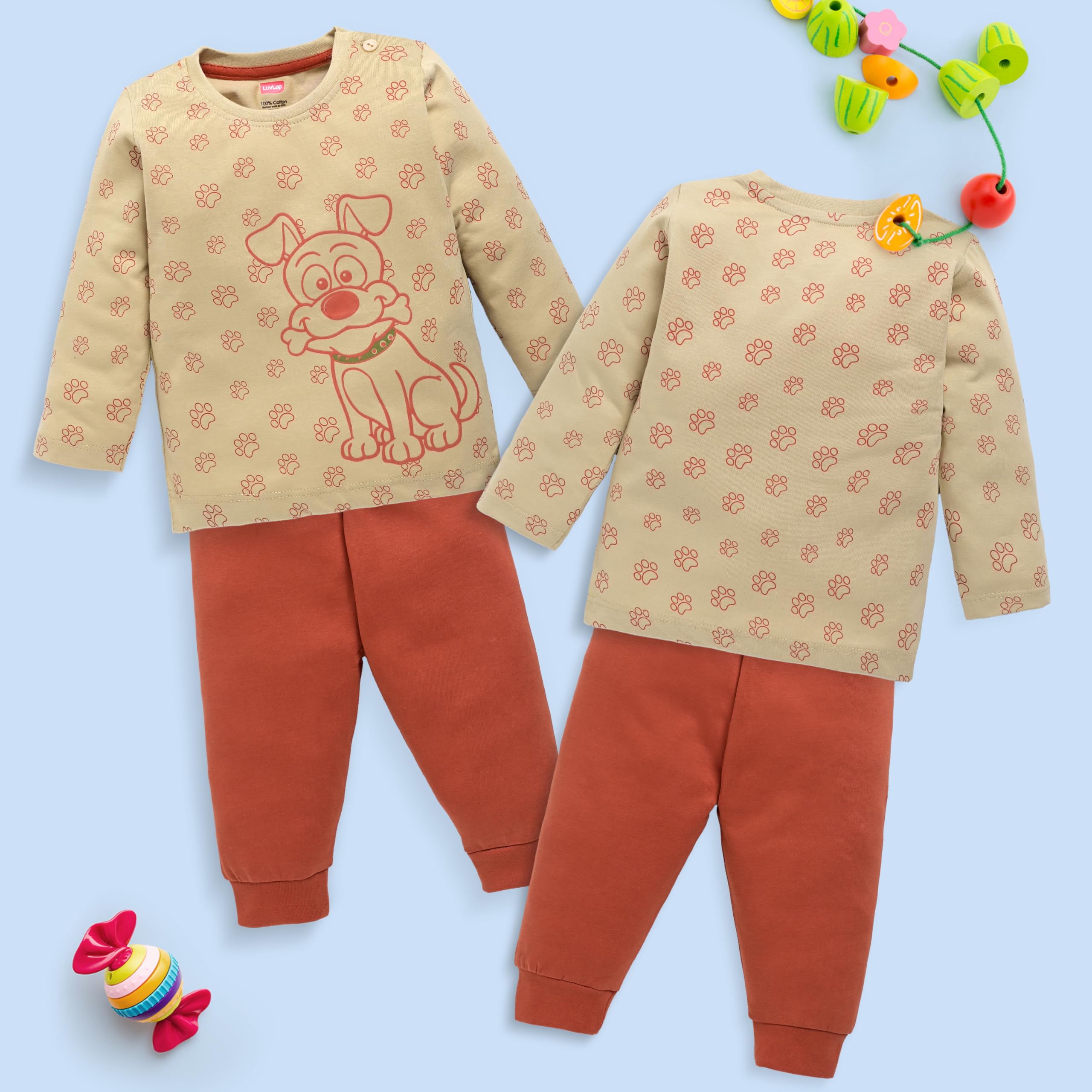 LuvLap Baby Boys Cotton T-Shirt & Pyjama Sets - Beige, Red - Image 2