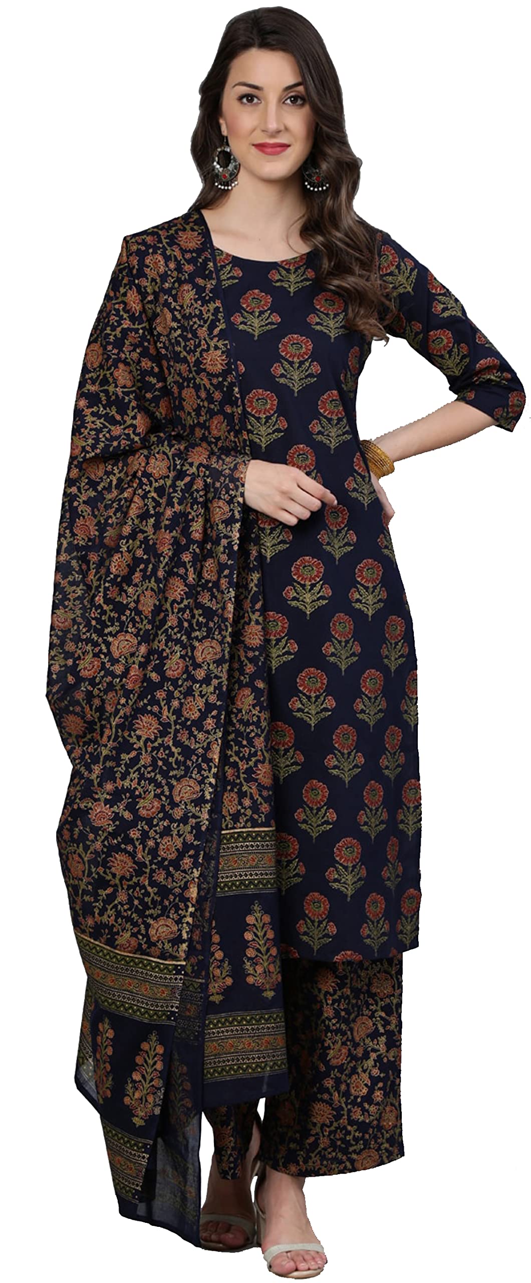 Arayna Women's Floral Printed Kurti Palazzo Set - Navy Blue