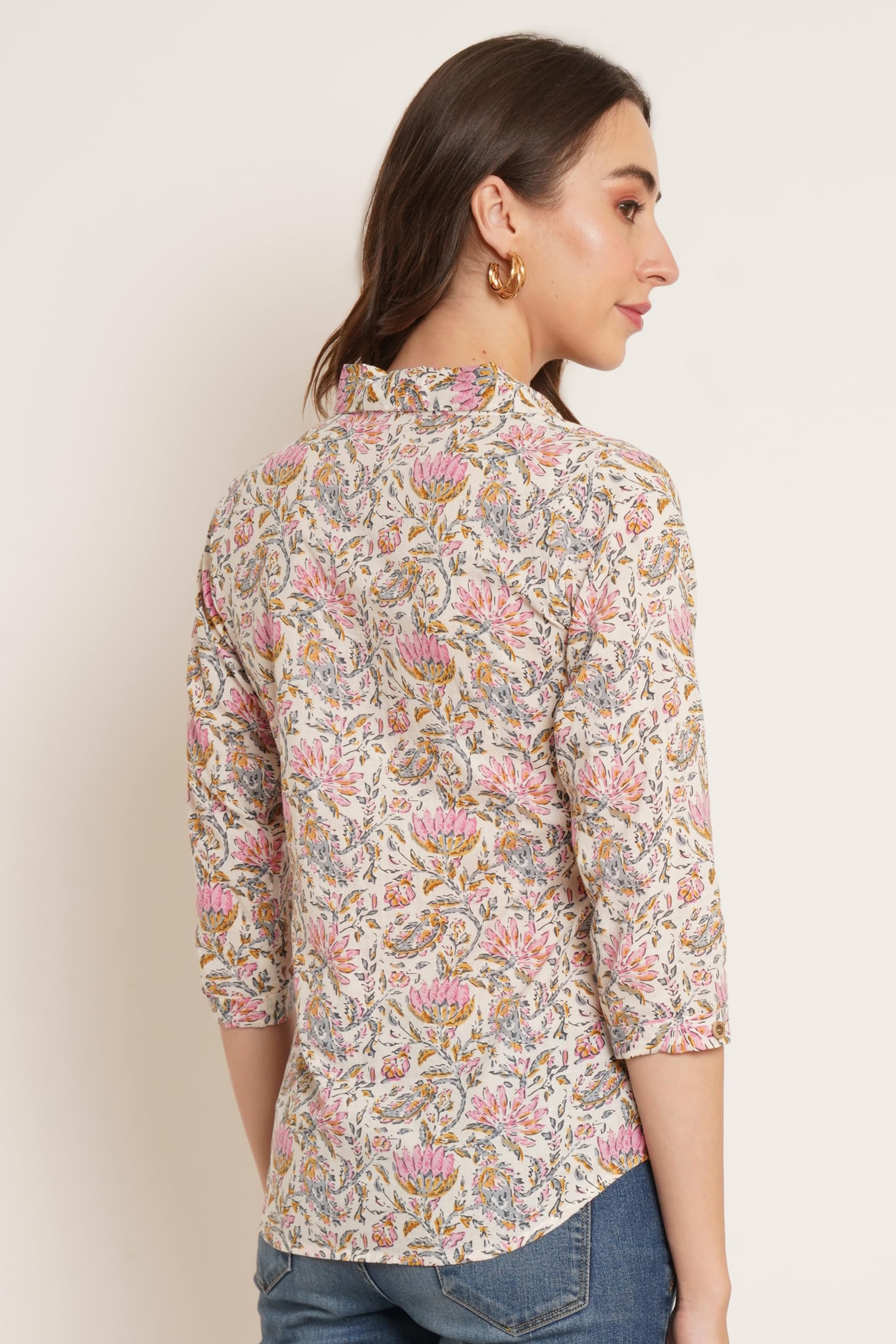 COTLAND Jaipuri Cotton Floral Printed Shirt for Women - Pink - Image 4