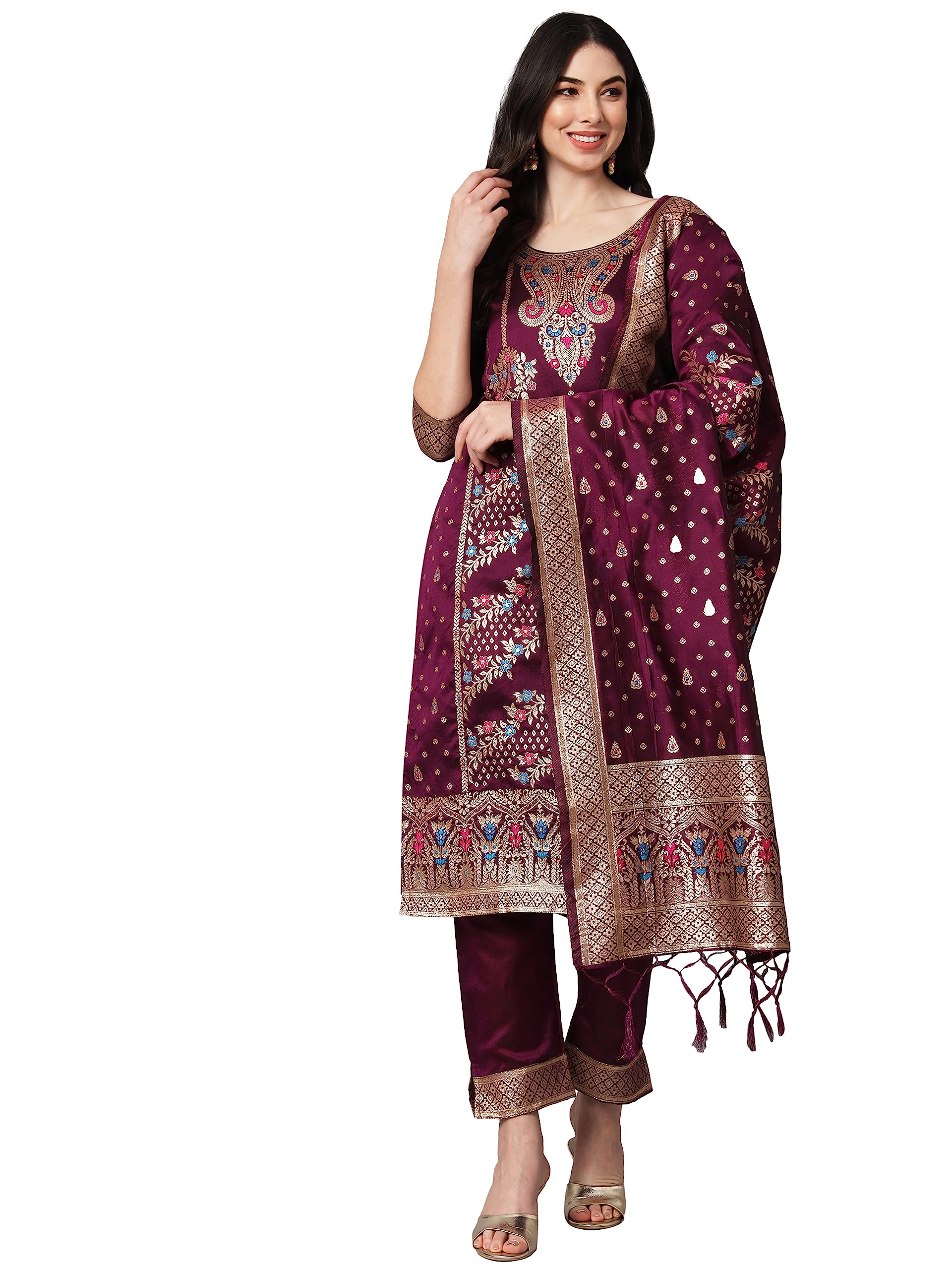 VredeVogel Women's Cotton Silk Kurta Pant with Dupatta - Purple