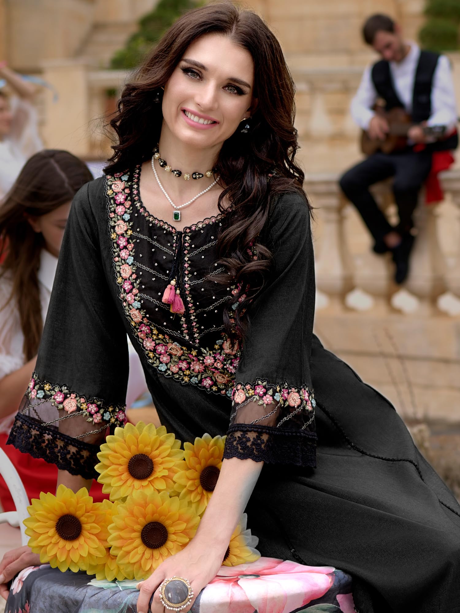 INDO ERA Women Black Embroidered A-Line Kurta - Image 3