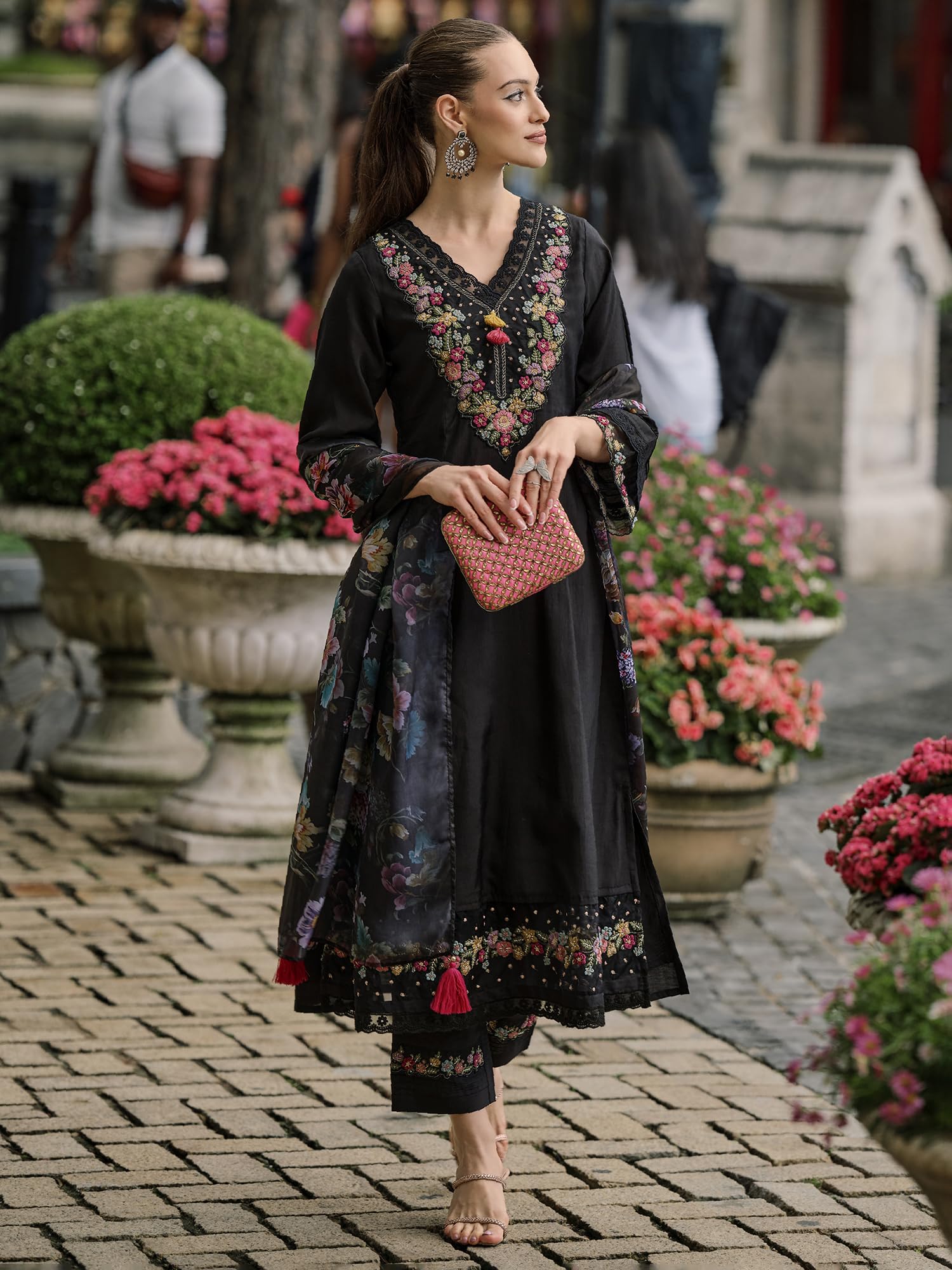 INDO ERA Women's Black Embroidered Kurta Set - Image 2
