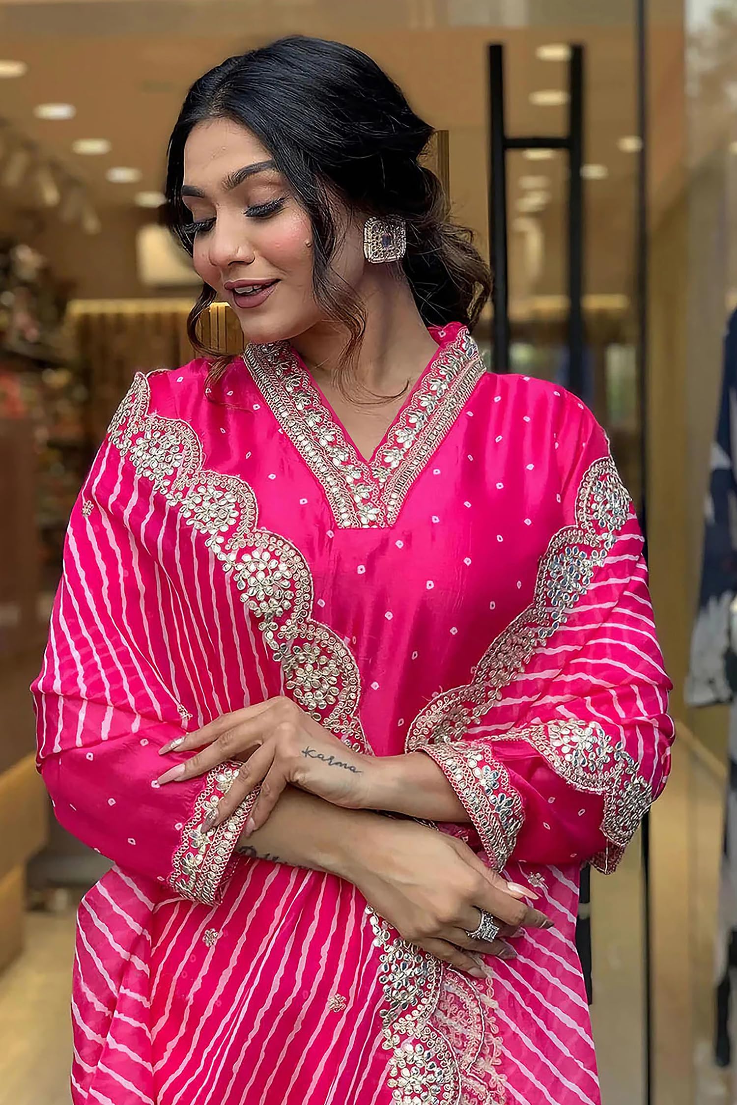 Rani Chinon Silk Kurta Pant Set with Dupatta - Bandhani - Image 4