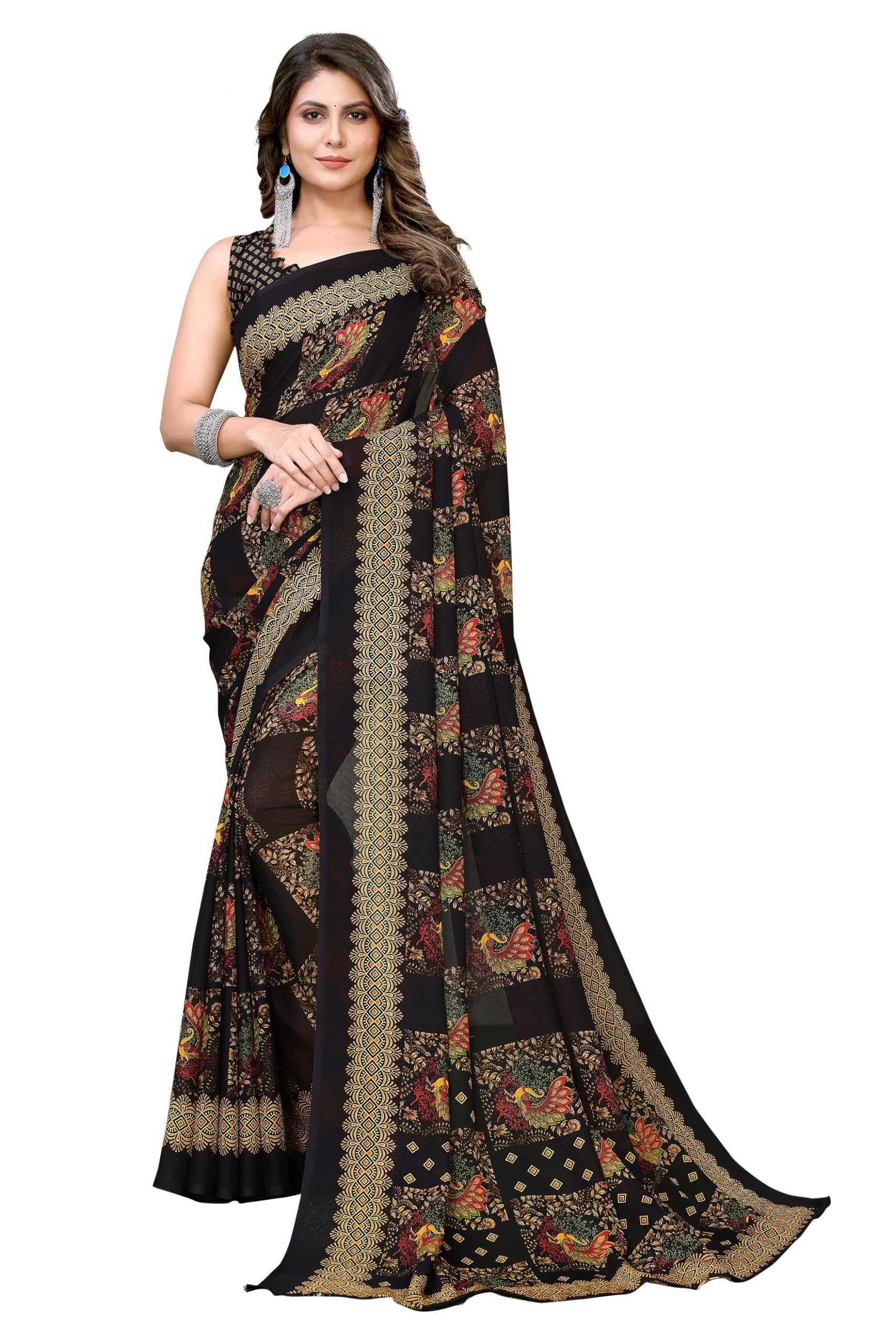 Yashika Women's Printed Georgette Saree - Black