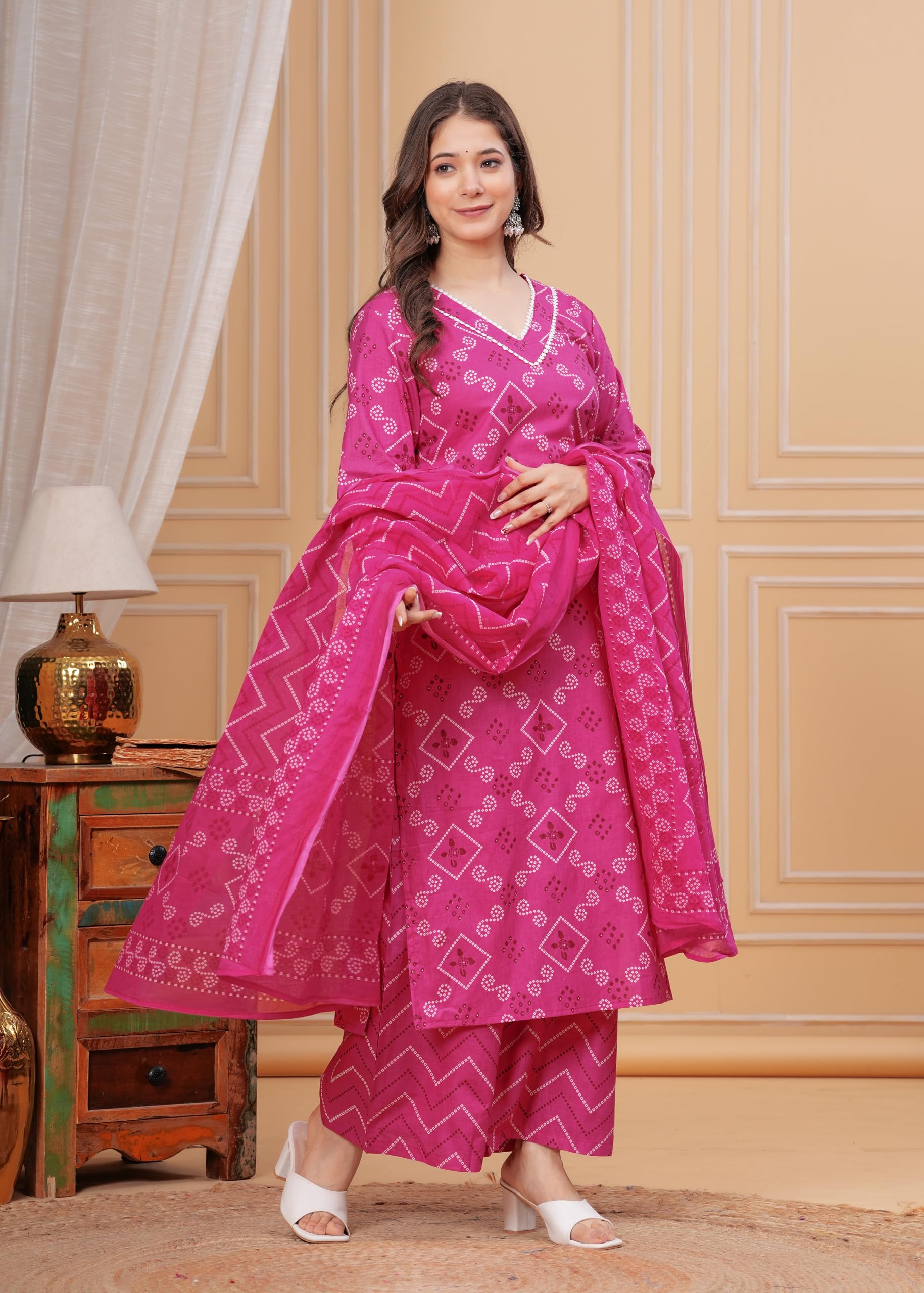 MEERA FAB Women Bandhani Printed Kurta with Palazzo & Dupatta - Pink - Image 4